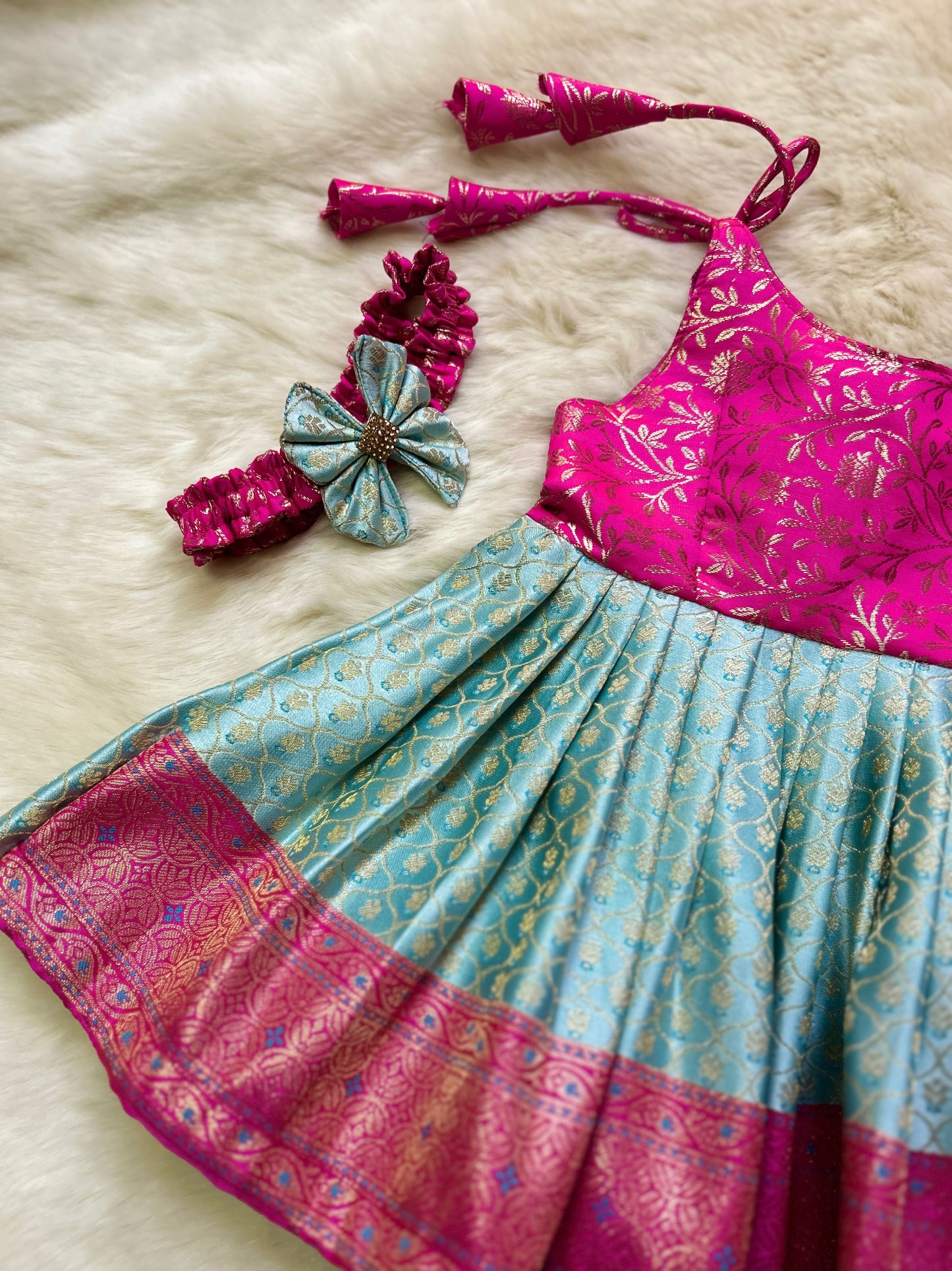Ananda blue and pink tie up ethnic wear for baby girl