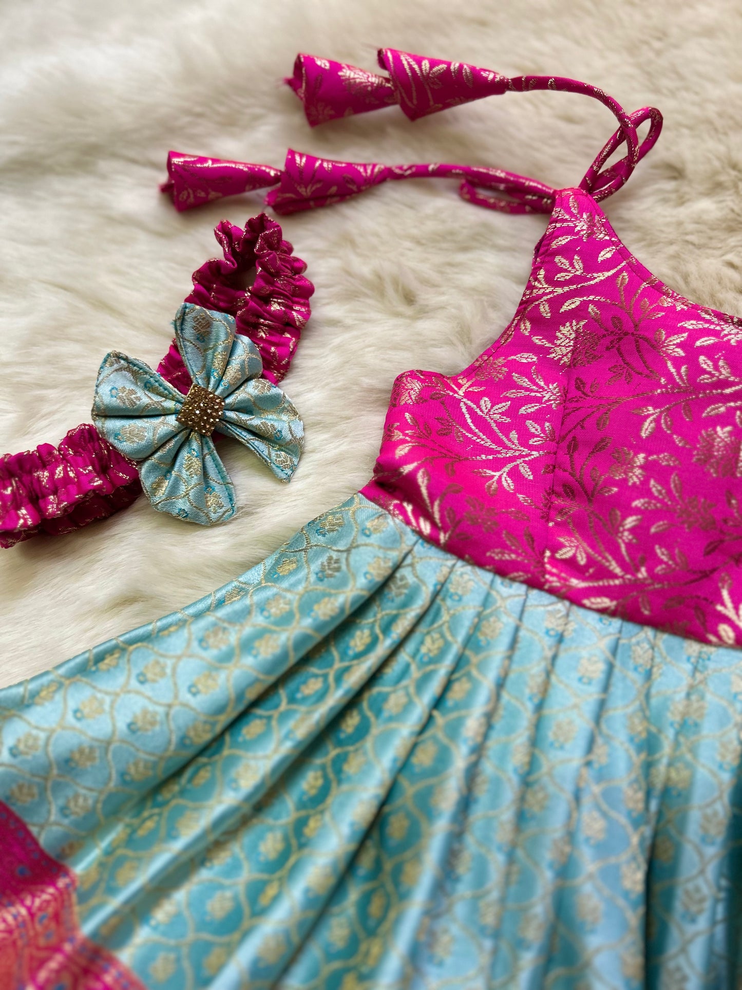 Ananda blue and pink tie up ethnic wear for baby girl