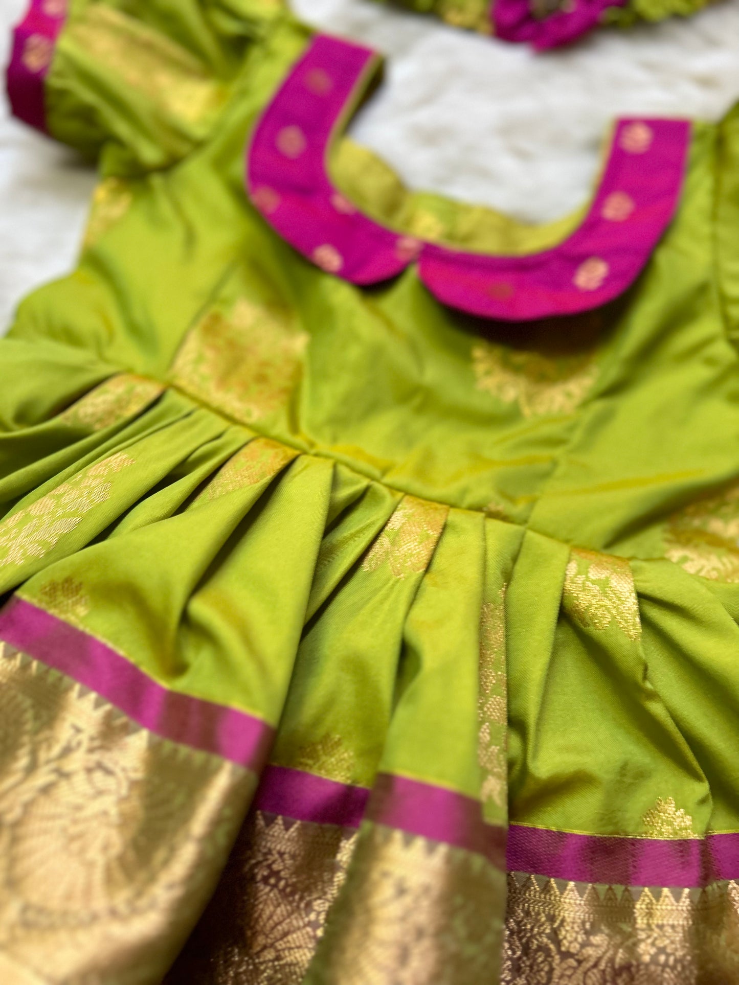 Pleasant Pink and Parrot Green (Contrast Collar Type) - Silk Ethnic Wear Frock for Baby Girl