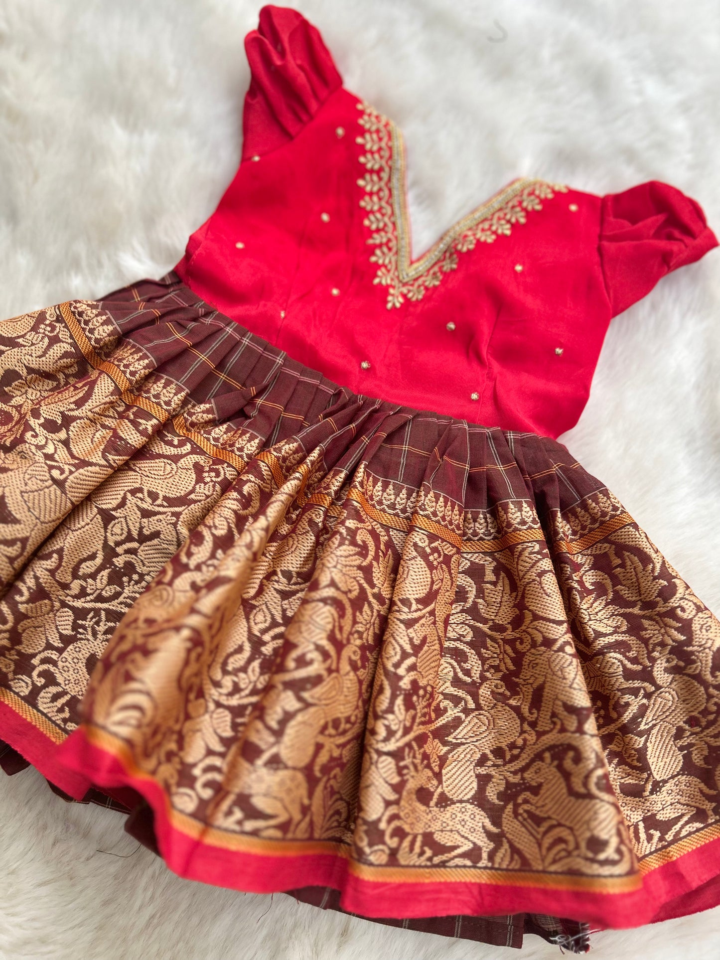 Embroidered v neck red and brown - Kanchi Cotton Ethnic Wear Frock for Baby Girl