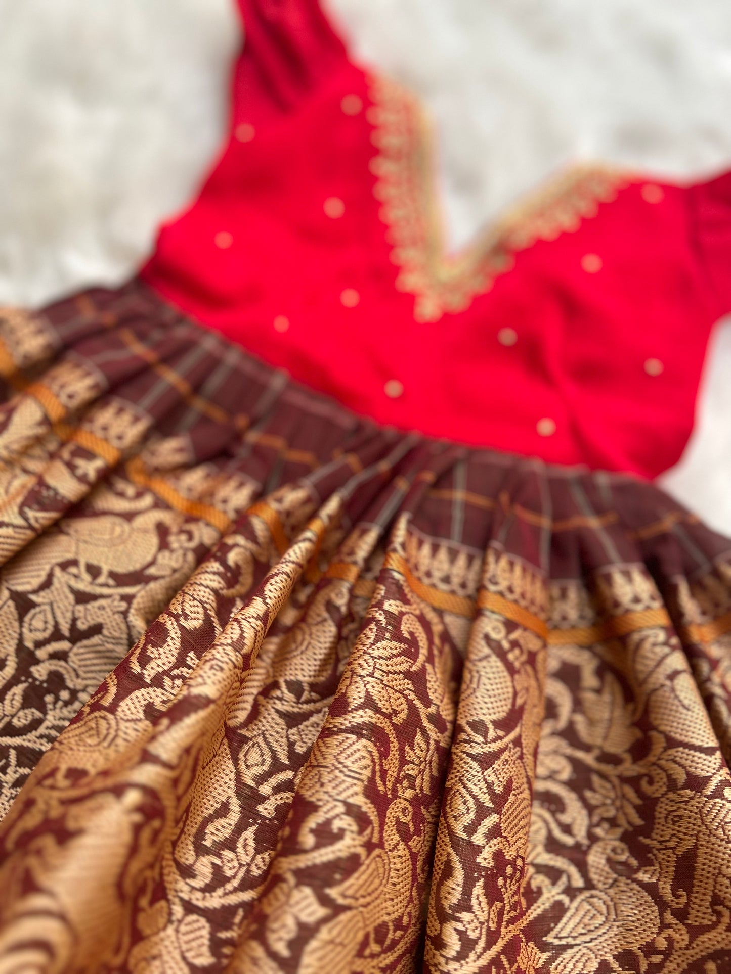 Embroidered v neck red and brown - Kanchi Cotton Ethnic Wear Frock for Baby Girl