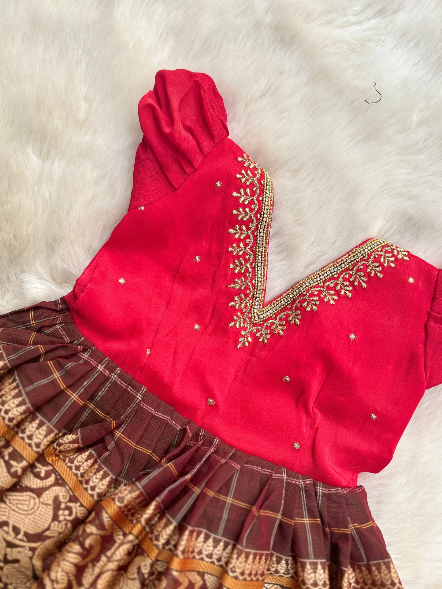 Embroidered v neck red and brown - Kanchi Cotton Ethnic Wear Frock for Baby Girl
