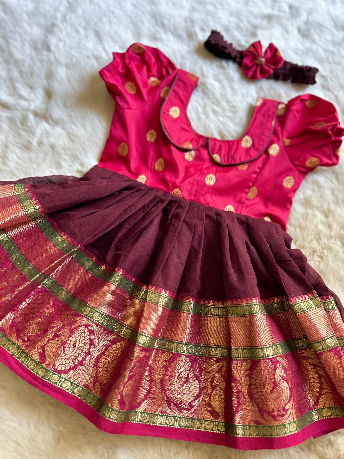 Pinkish Red and Brown - Kanchi Cotton South Indian Ethnic Frock for Baby Girl