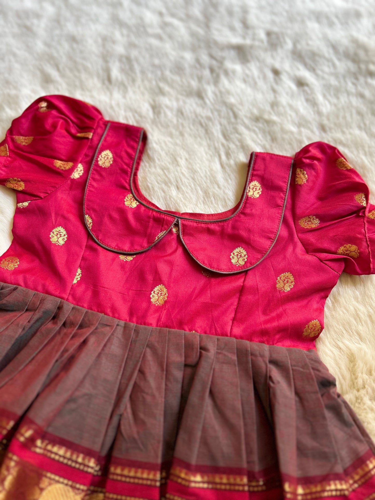 Red and Dual Shade Brown (Vintage Collar)- Kanchi Cotton South Indian Ethnic Frock for Baby Girl