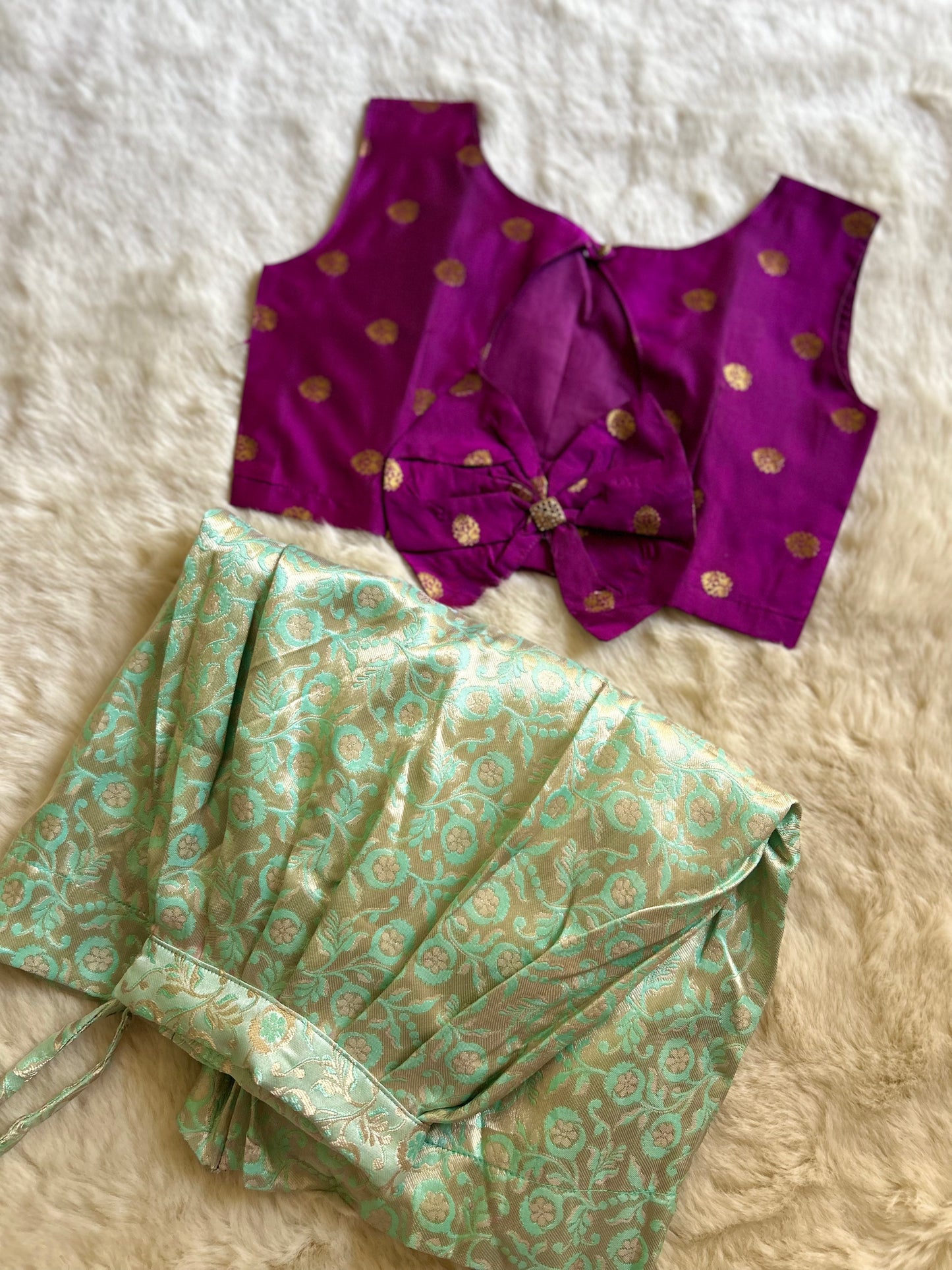 Wine with Pastel green (Bow Style)- Langa Blouse Ethnic Wear for Baby Girl