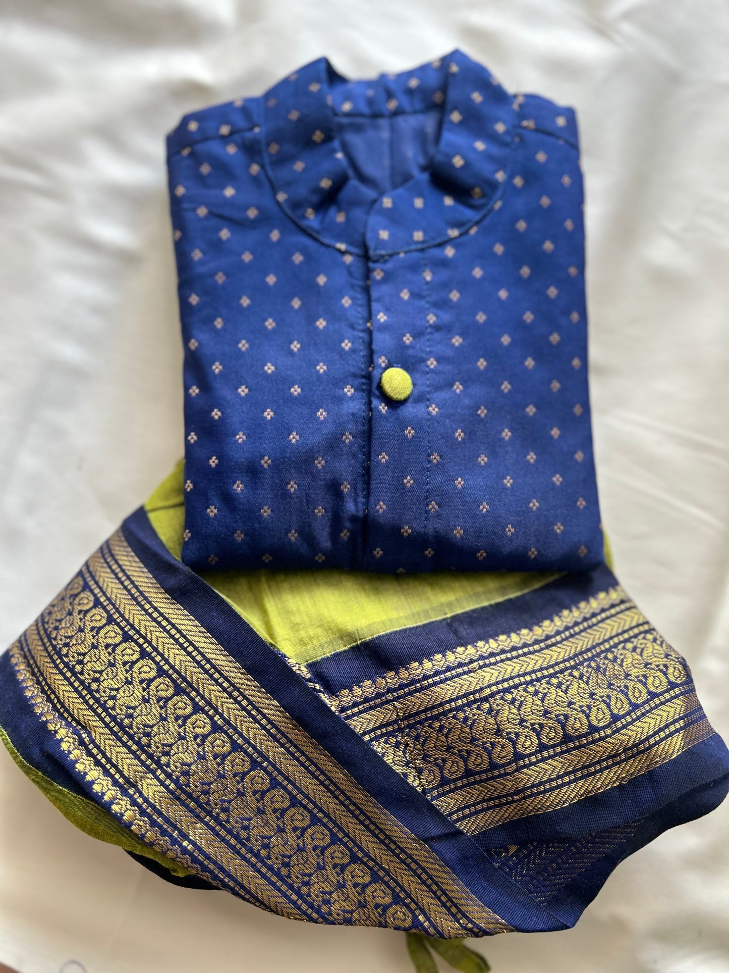 Light green and navy blue embroidered kurta dhoti ethnic dress for baby boy