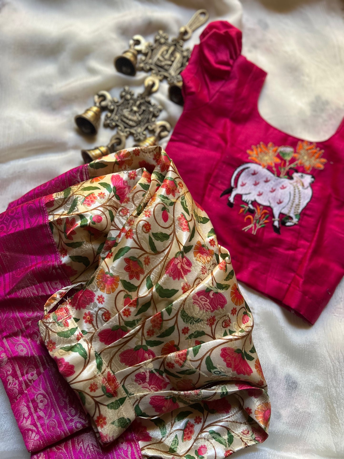 Kalamkari langa with pink beautiful kamadenu cow embroidery blouse , pattu pavadai, lehenga for baby girl ethnic wear