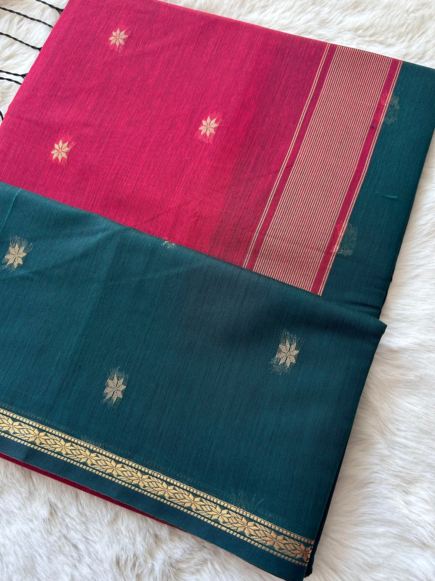 Bottle green with maroon - Premium Cotton Silk Saree with Contrast Blouse