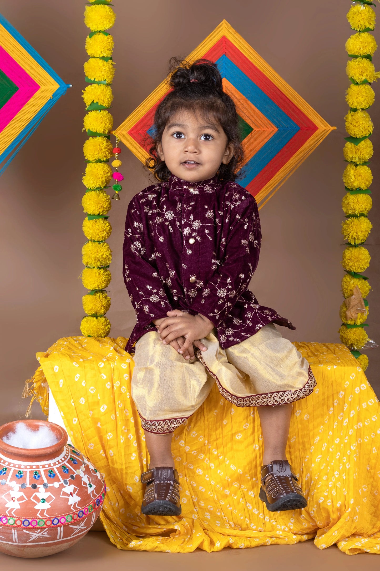 Deep Wine Velvet and Gold Dhoti Kurta for Boys and Baby Boys