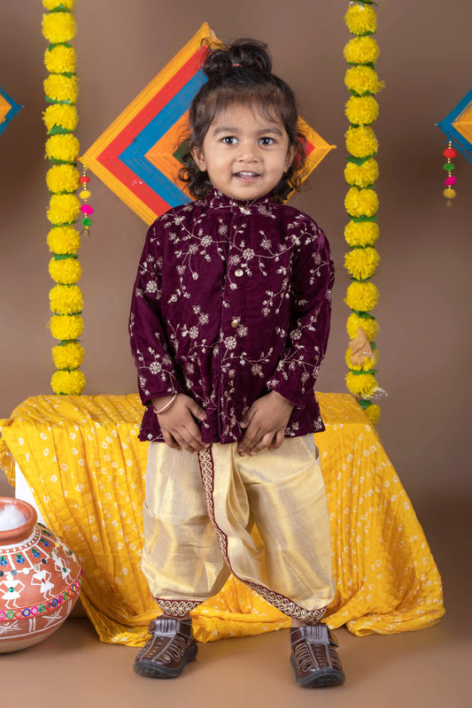 Deep Wine Velvet and Gold Dhoti Kurta for Boys and Baby Boys