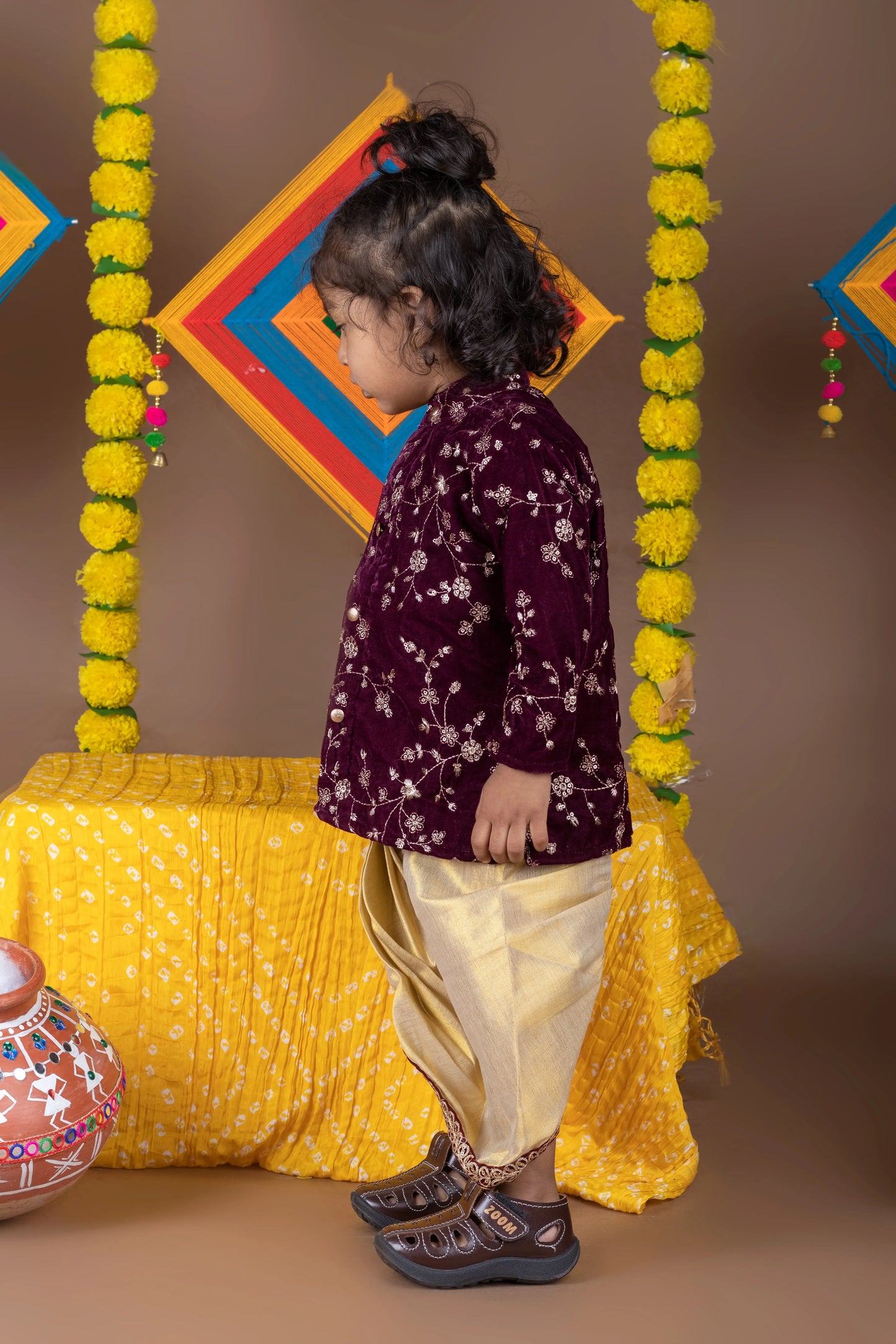 Deep Wine Velvet and Gold Dhoti Kurta for Boys and Baby Boys