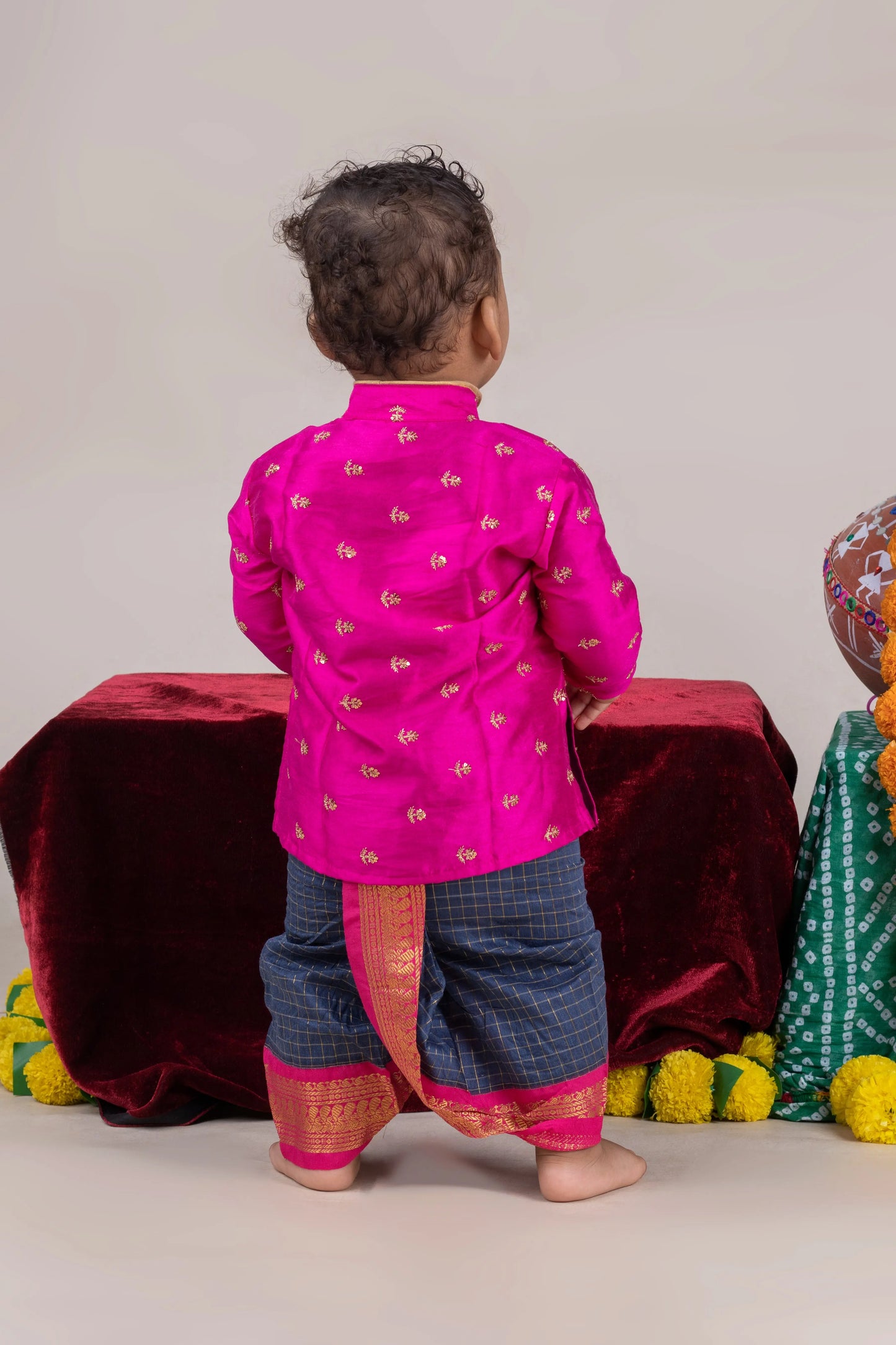 Pink with checked blue - kurta dhoti ethnic wear for baby boy
