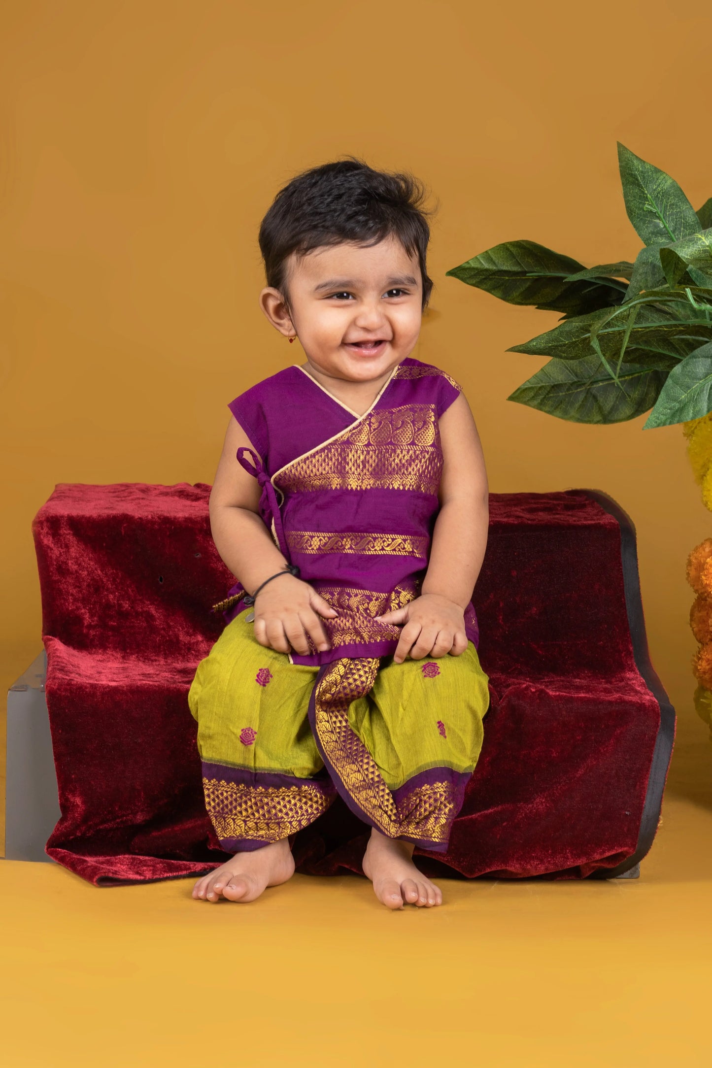 Wine & Green Angrakha Kurta Pajama for Baby Boys – Sleeveless Ethnic Wear