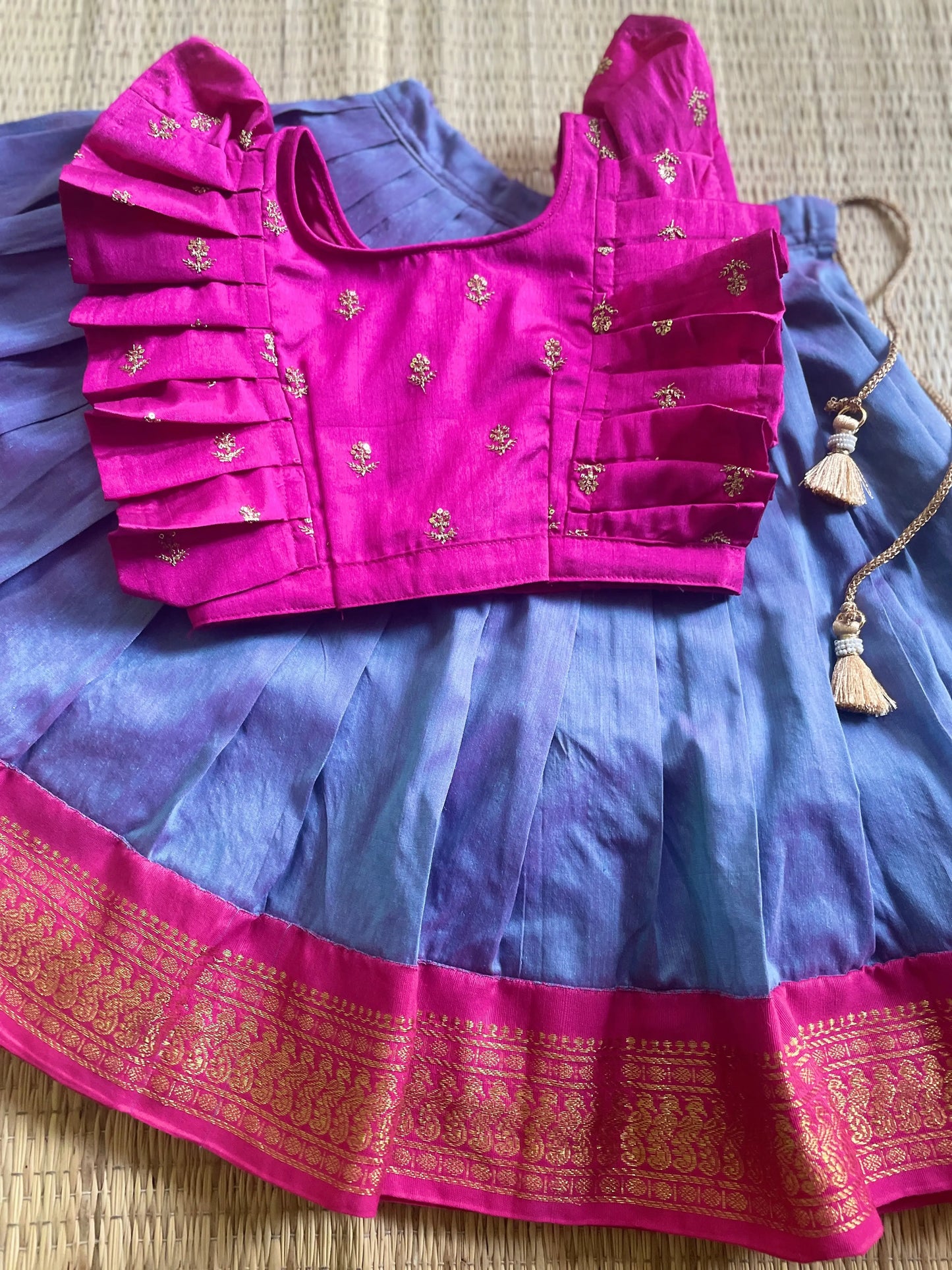 Hot pink ruffle sleeves blouse with unicorn langa - lehenga ethnic traditional wear for baby girl