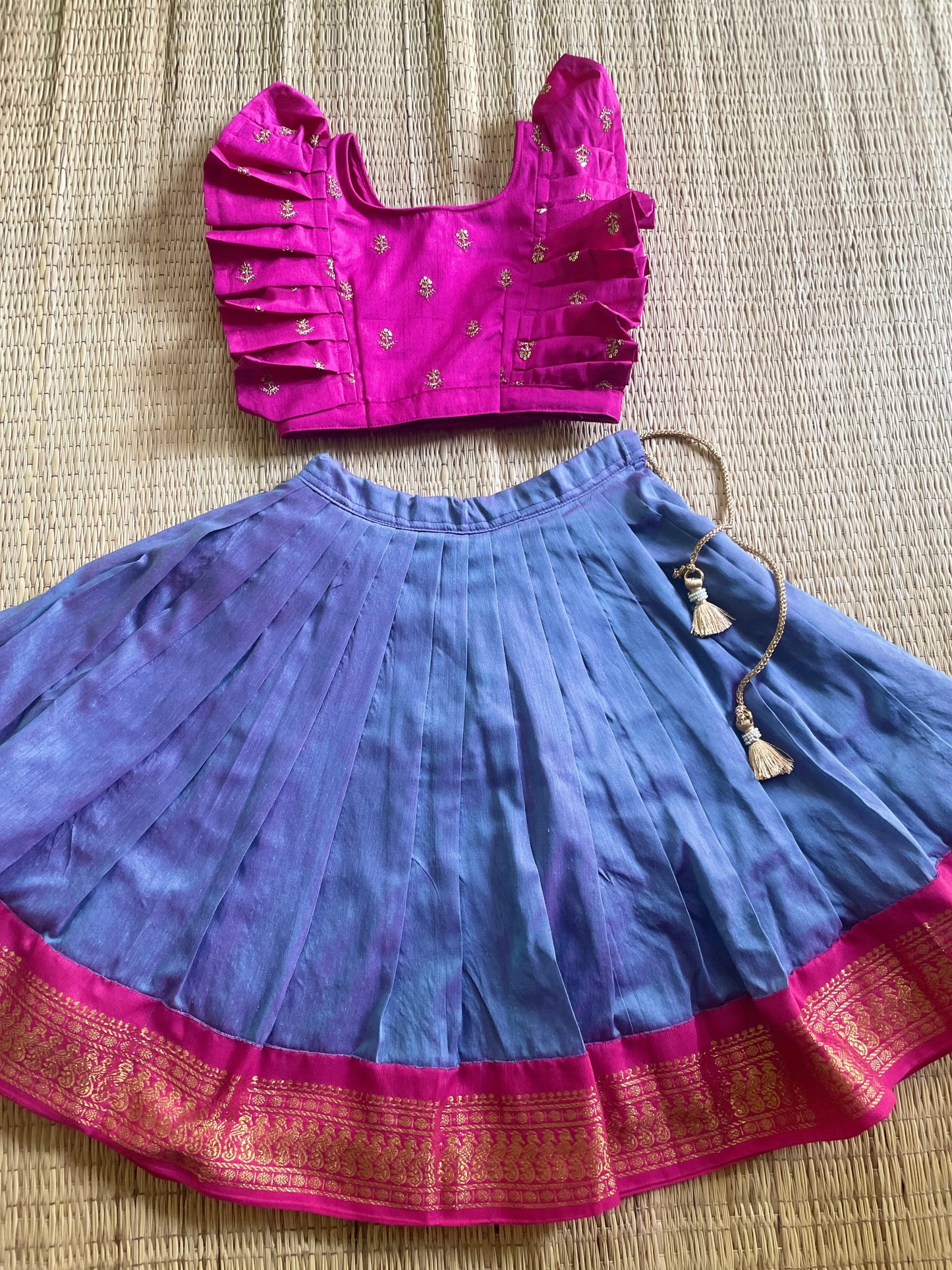 Hot pink ruffle sleeves blouse with unicorn langa - lehenga ethnic traditional wear for baby girl