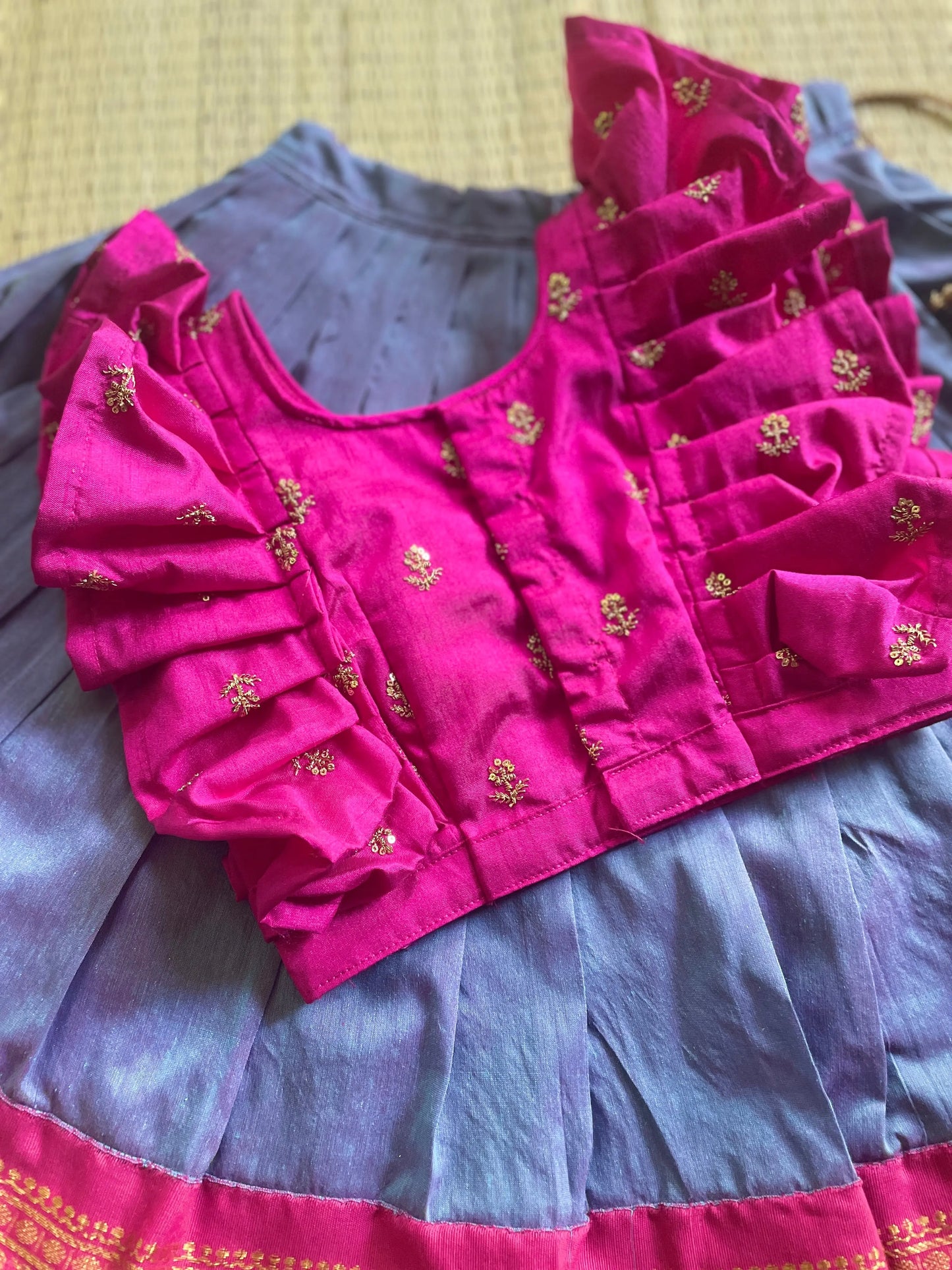 Hot pink ruffle sleeves blouse with unicorn langa - lehenga ethnic traditional wear for baby girl