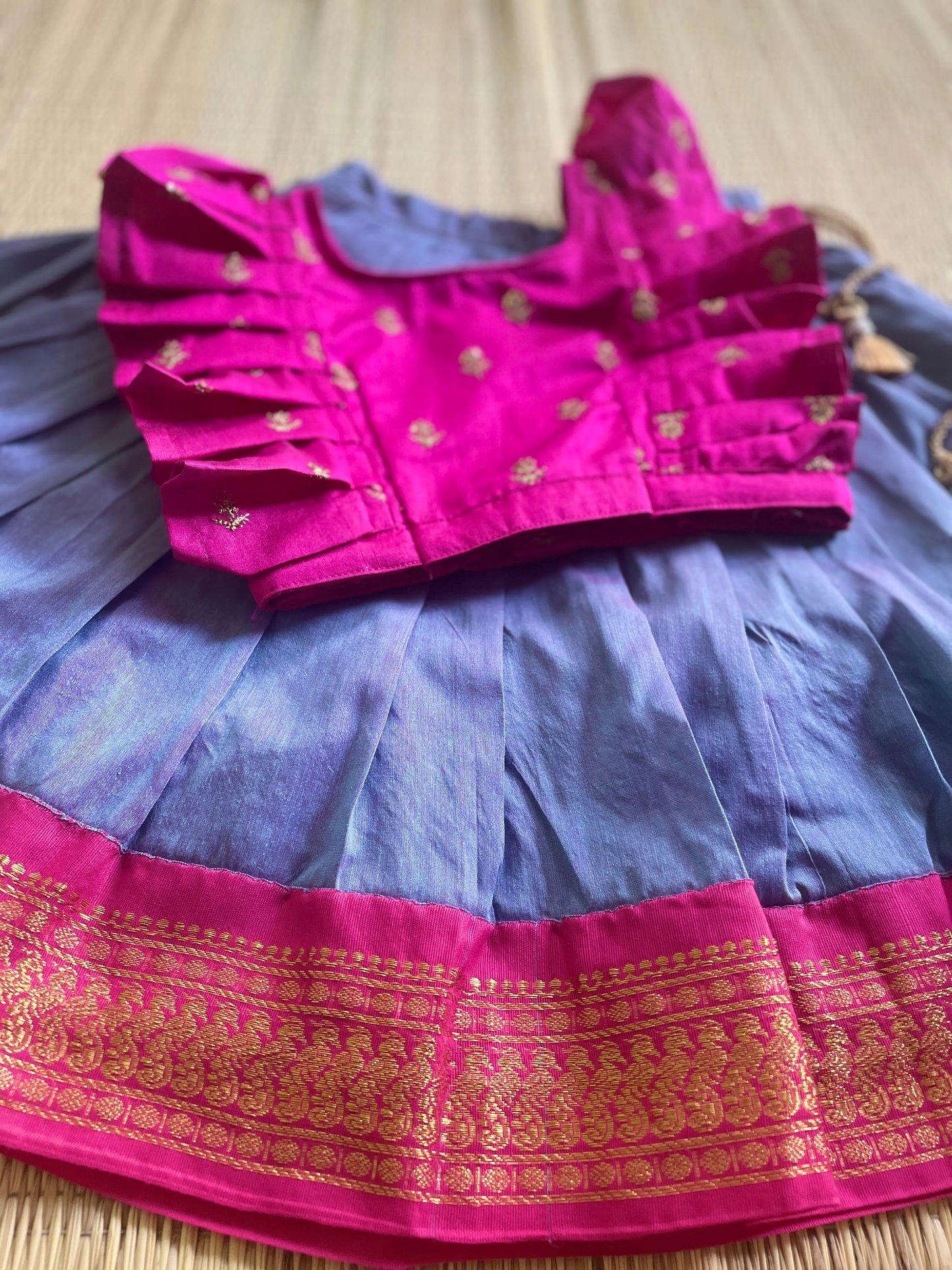 Hot pink ruffle sleeves blouse with unicorn langa - lehenga ethnic traditional wear for baby girl