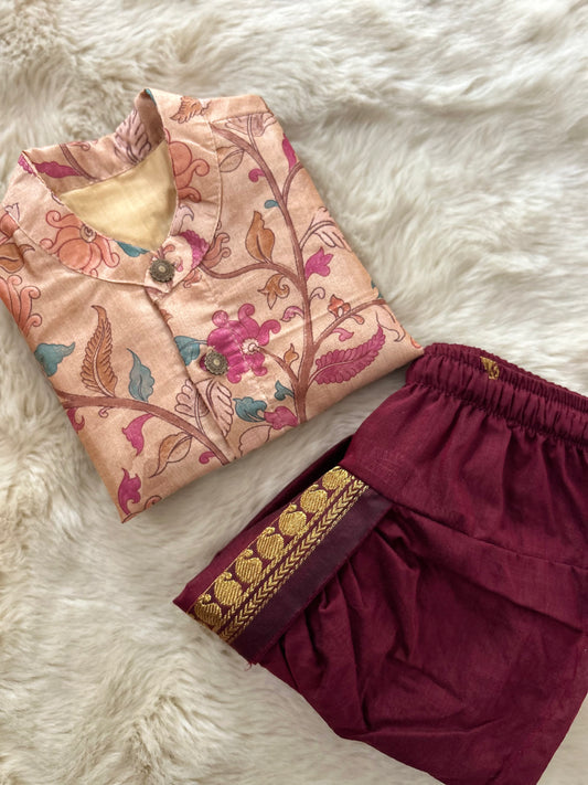 Traditional Indian Kalamkari Soft Beige Baby Boy Silk Kurta Maroon Dhoti Set