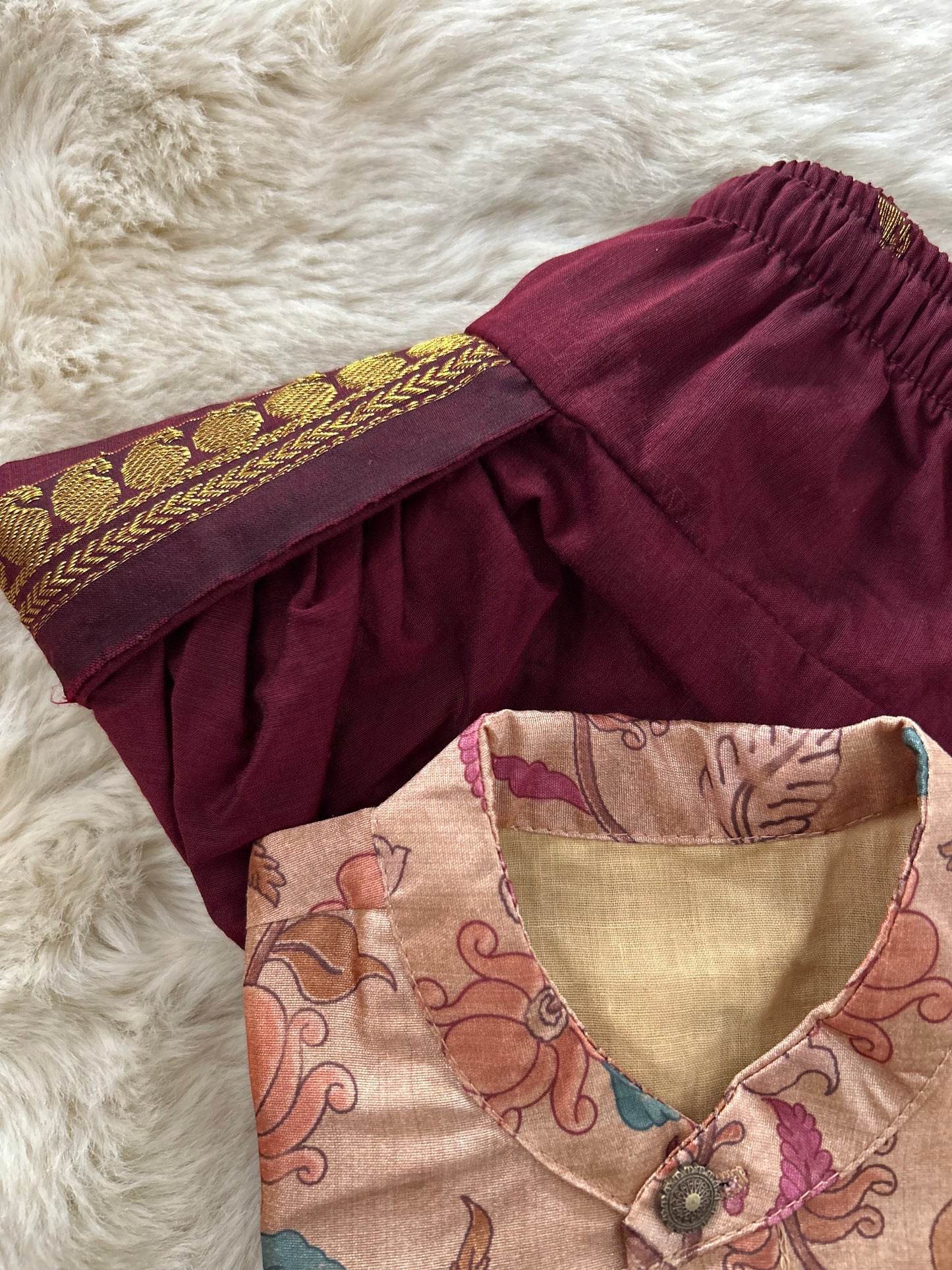 Traditional Indian Kalamkari Soft Beige Baby Boy Silk Kurta Maroon Dhoti Set