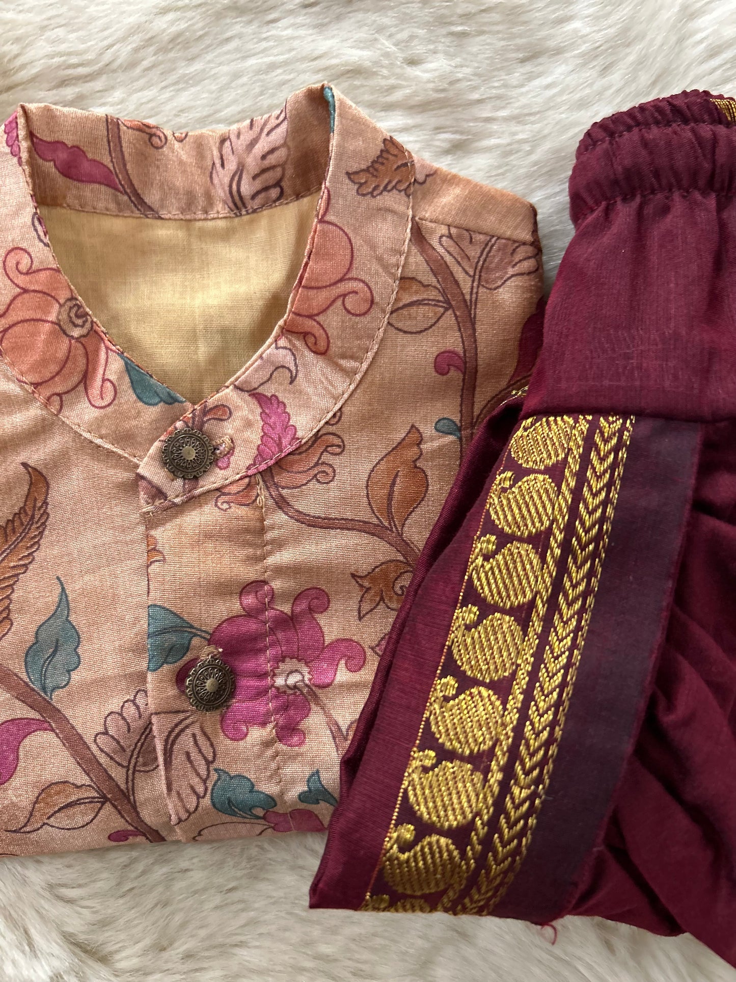 Traditional Indian Kalamkari Soft Beige Baby Boy Silk Kurta Maroon Dhoti Set