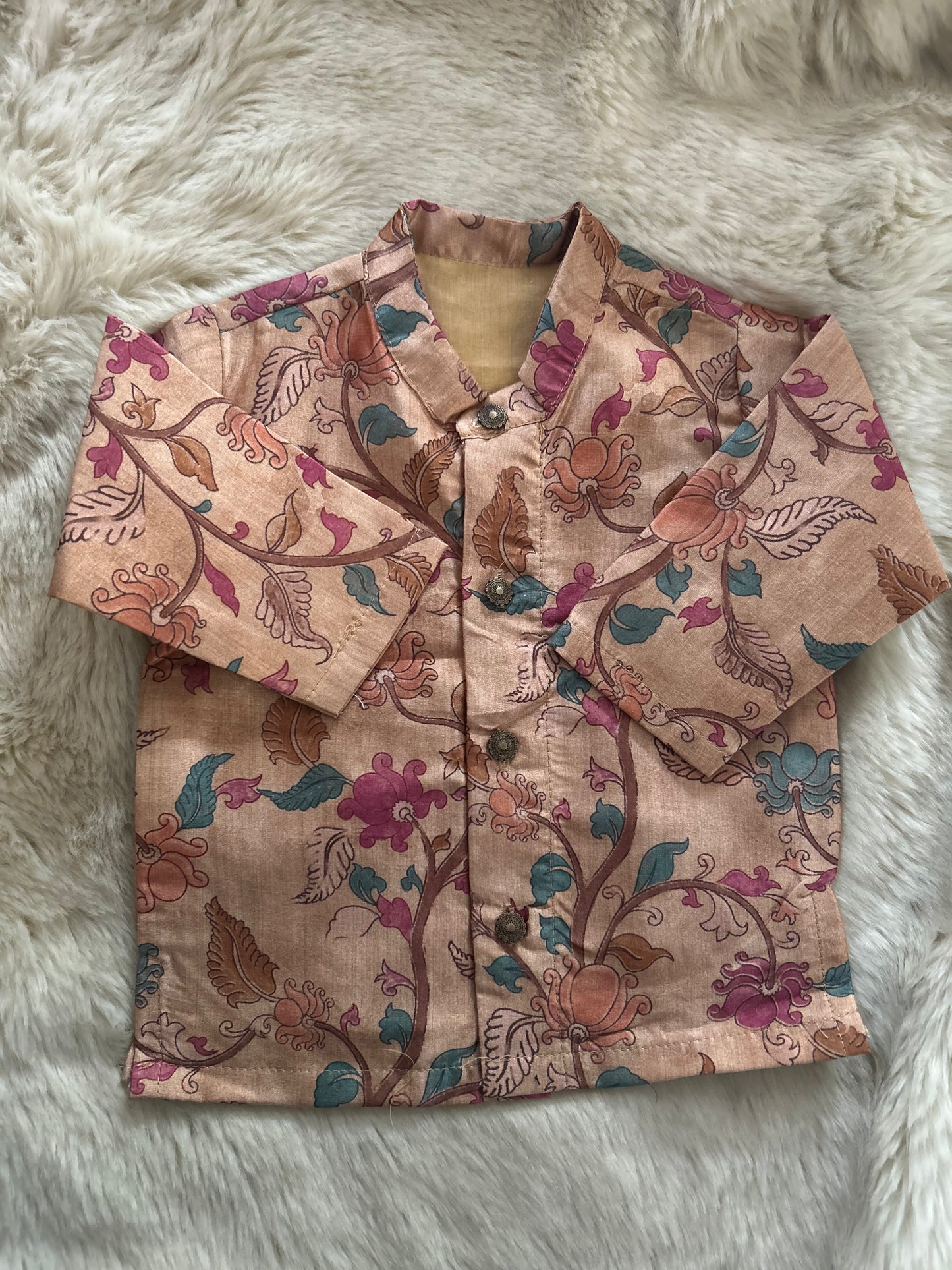 Traditional Indian Kalamkari Soft Beige Baby Boy Silk Kurta