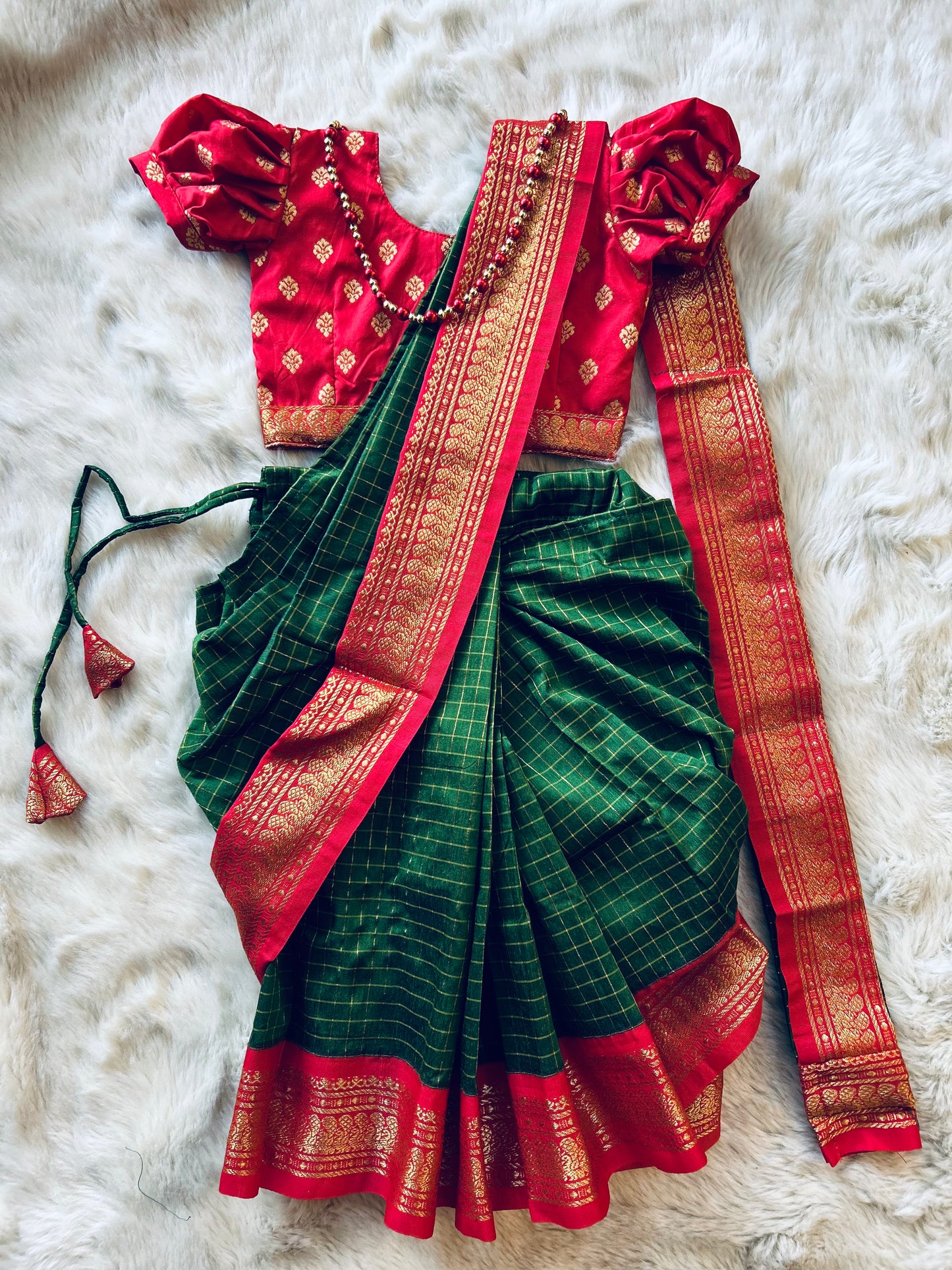 Red and bottle green - Ready to wear saree for kids Ethnic wear for baby girl