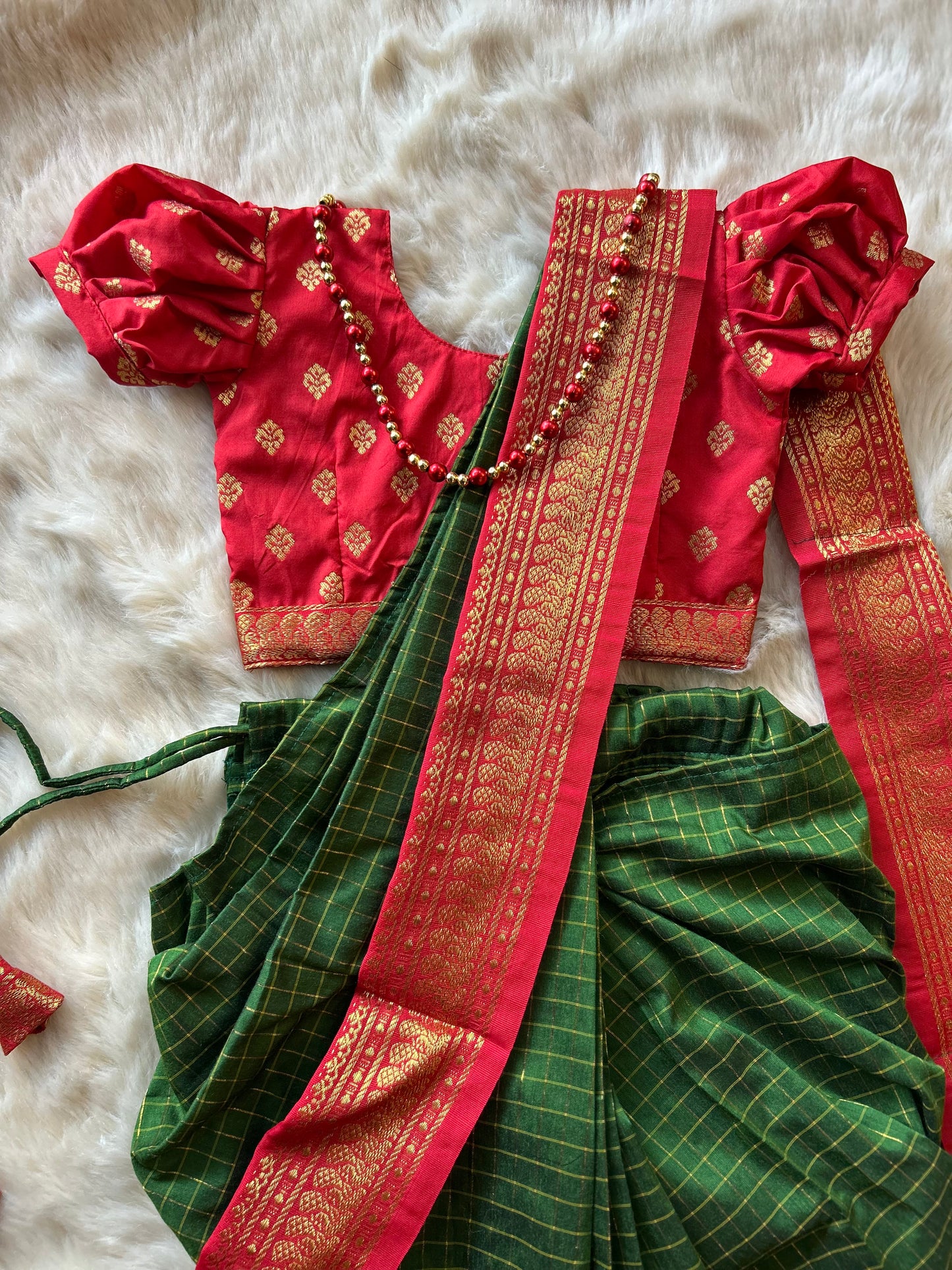 Red and bottle green - Ready to wear saree for kids Ethnic wear for baby girl