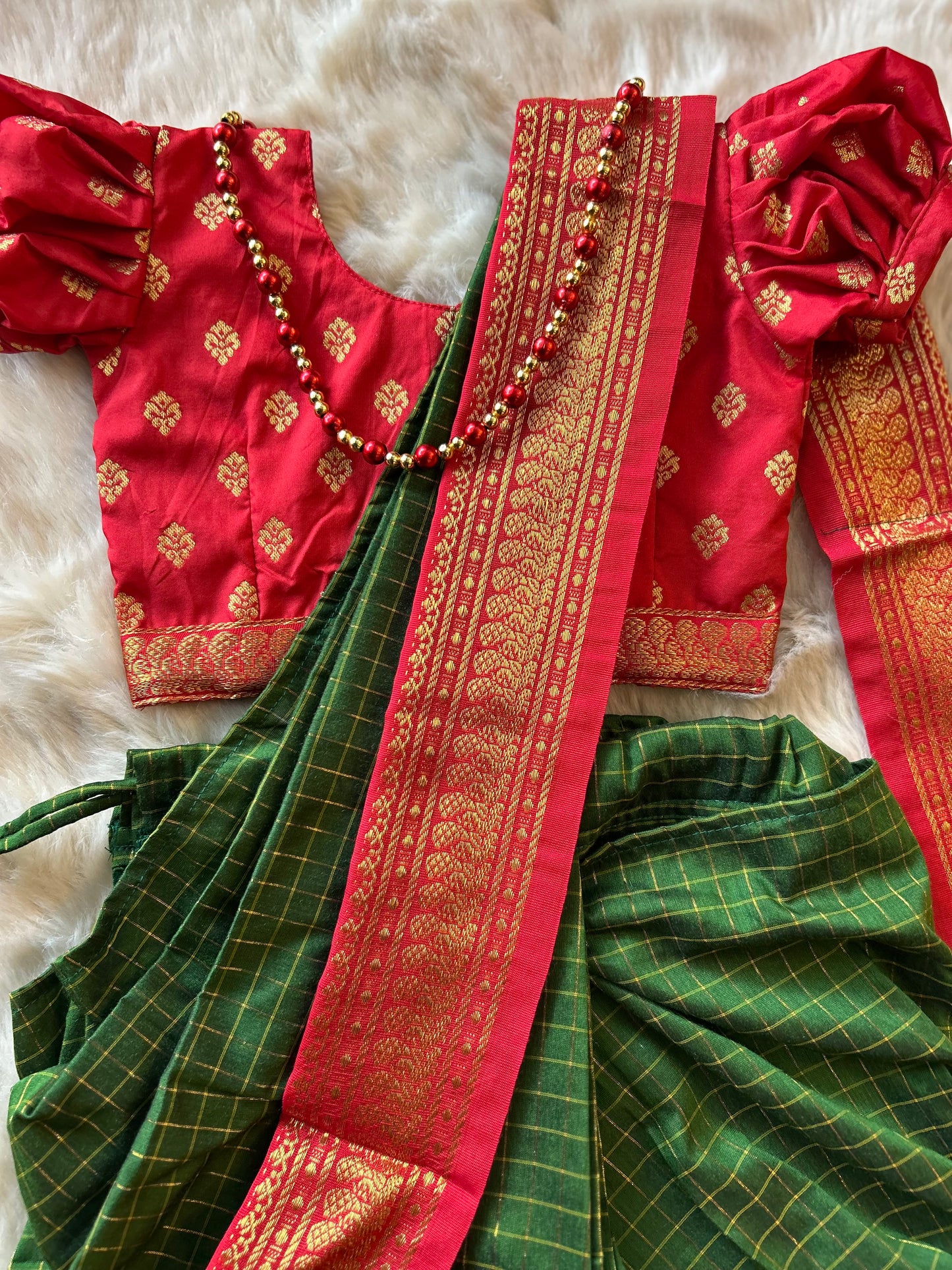 Red and bottle green - Ready to wear saree for kids Ethnic wear for baby girl