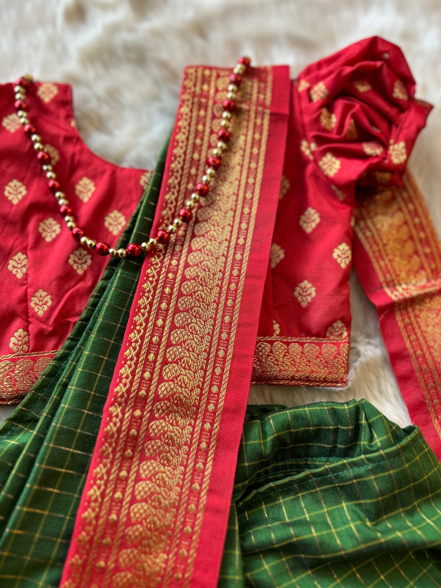 Red and bottle green - Ready to wear saree for kids Ethnic wear for baby girl