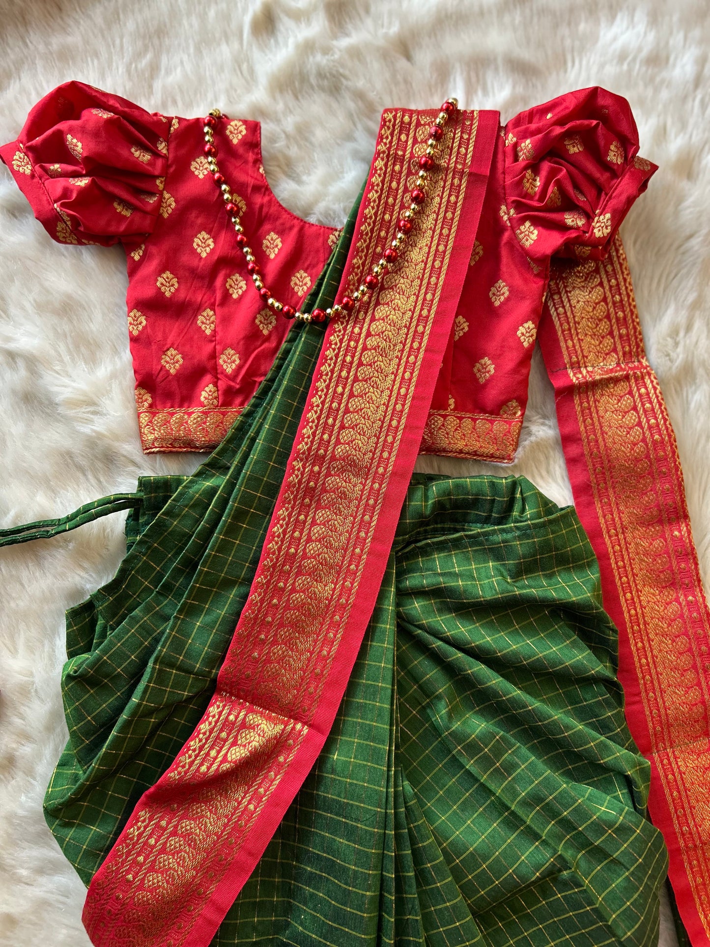 Red and bottle green - Ready to wear saree for kids Ethnic wear for baby girl