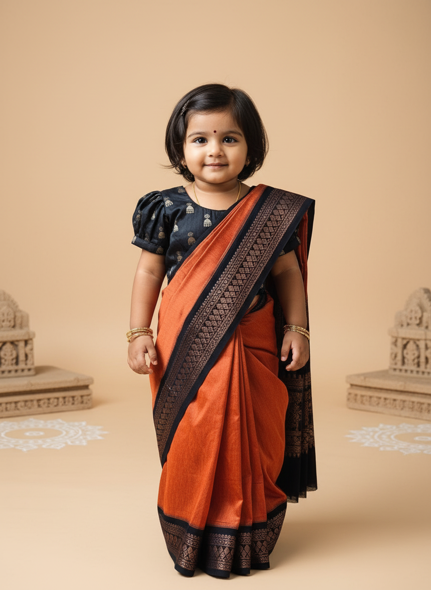 Black and orange - Ready to wear saree for kids Ethnic wear for baby girl