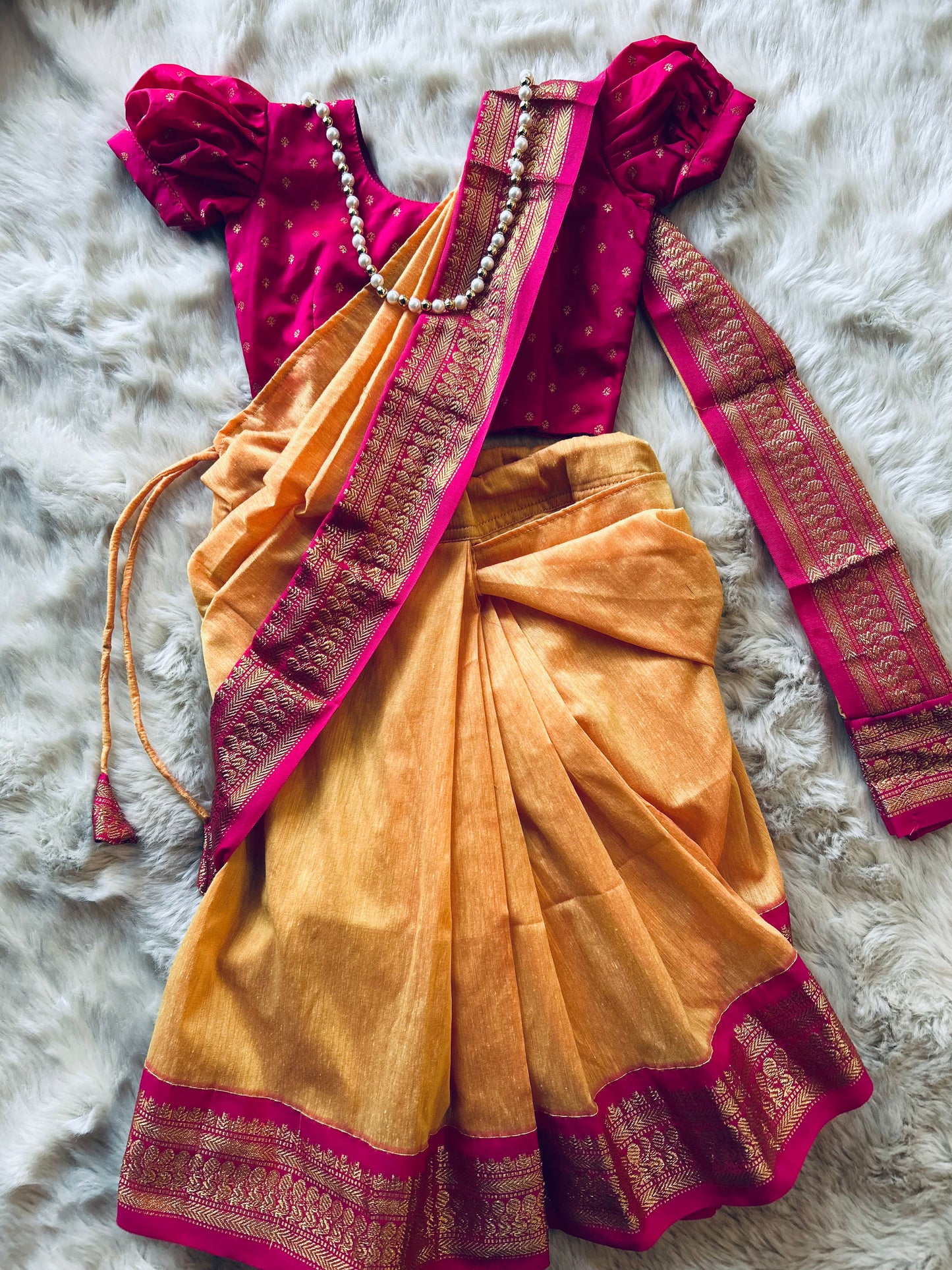 Mango yellow and festive pink - Ready to wear saree for kids Ethnic wear for baby girl