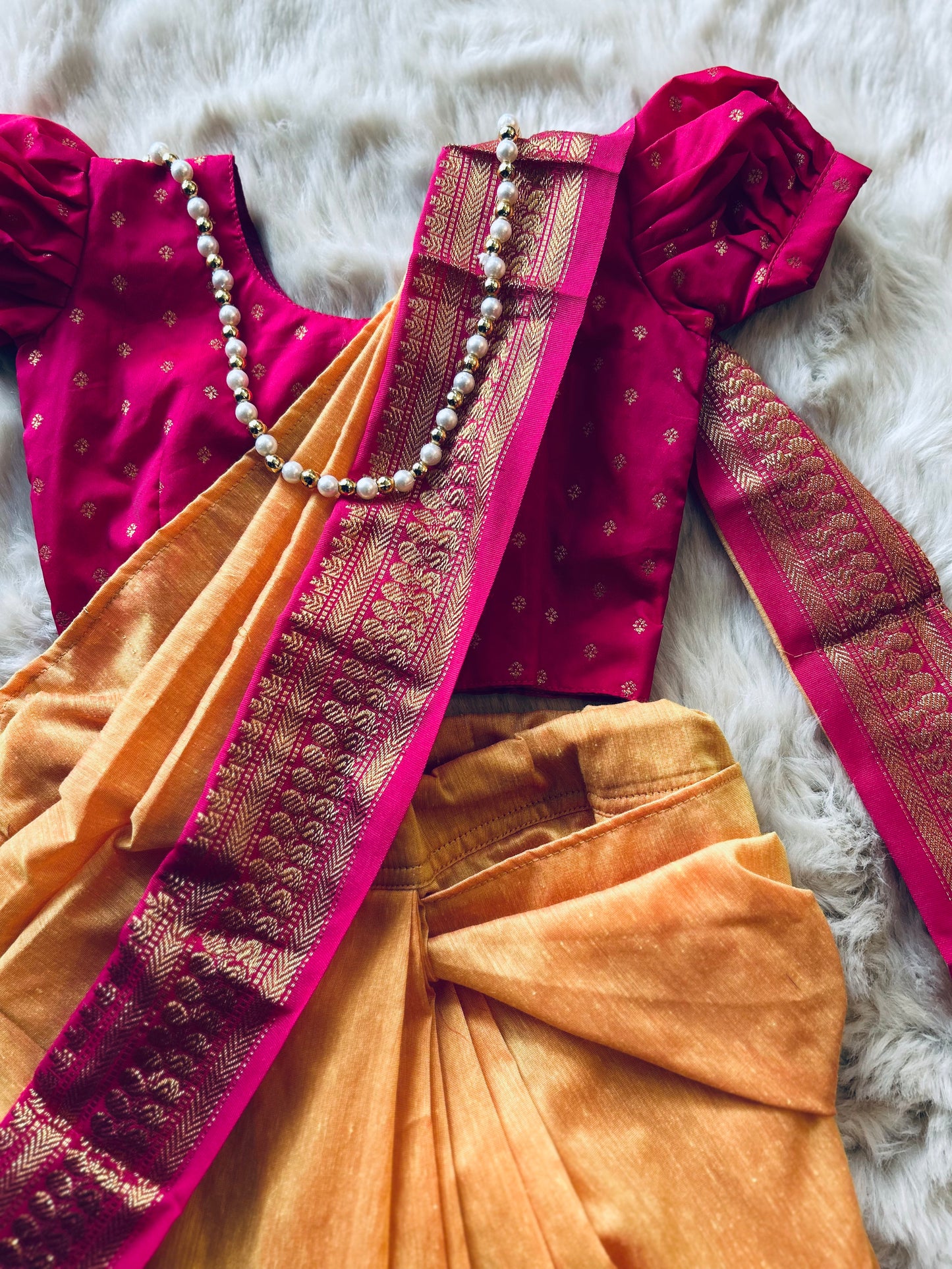 Mango yellow and festive pink - Ready to wear saree for kids Ethnic wear for baby girl