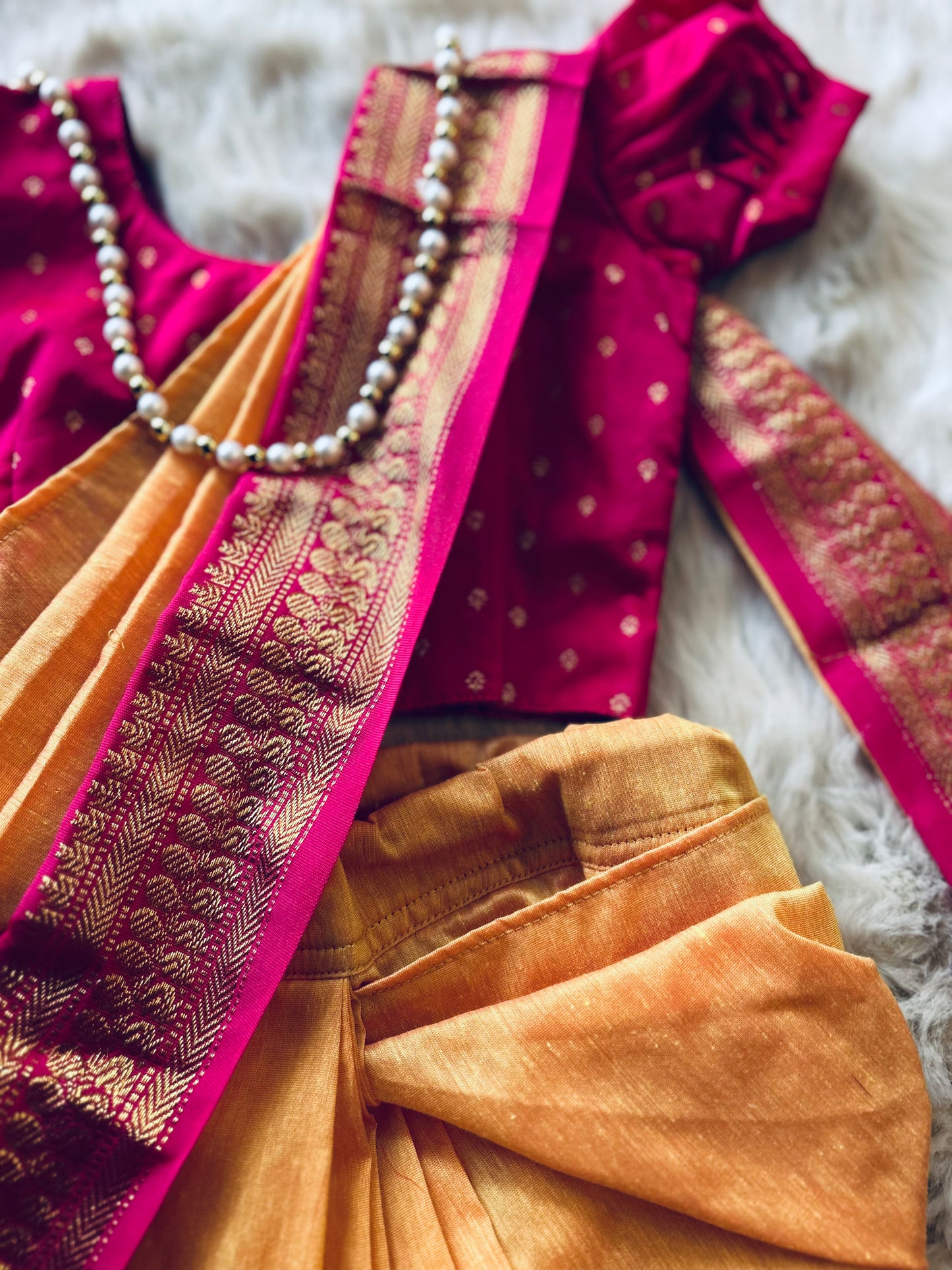 Mango yellow and festive pink - Ready to wear saree for kids Ethnic wear for baby girl