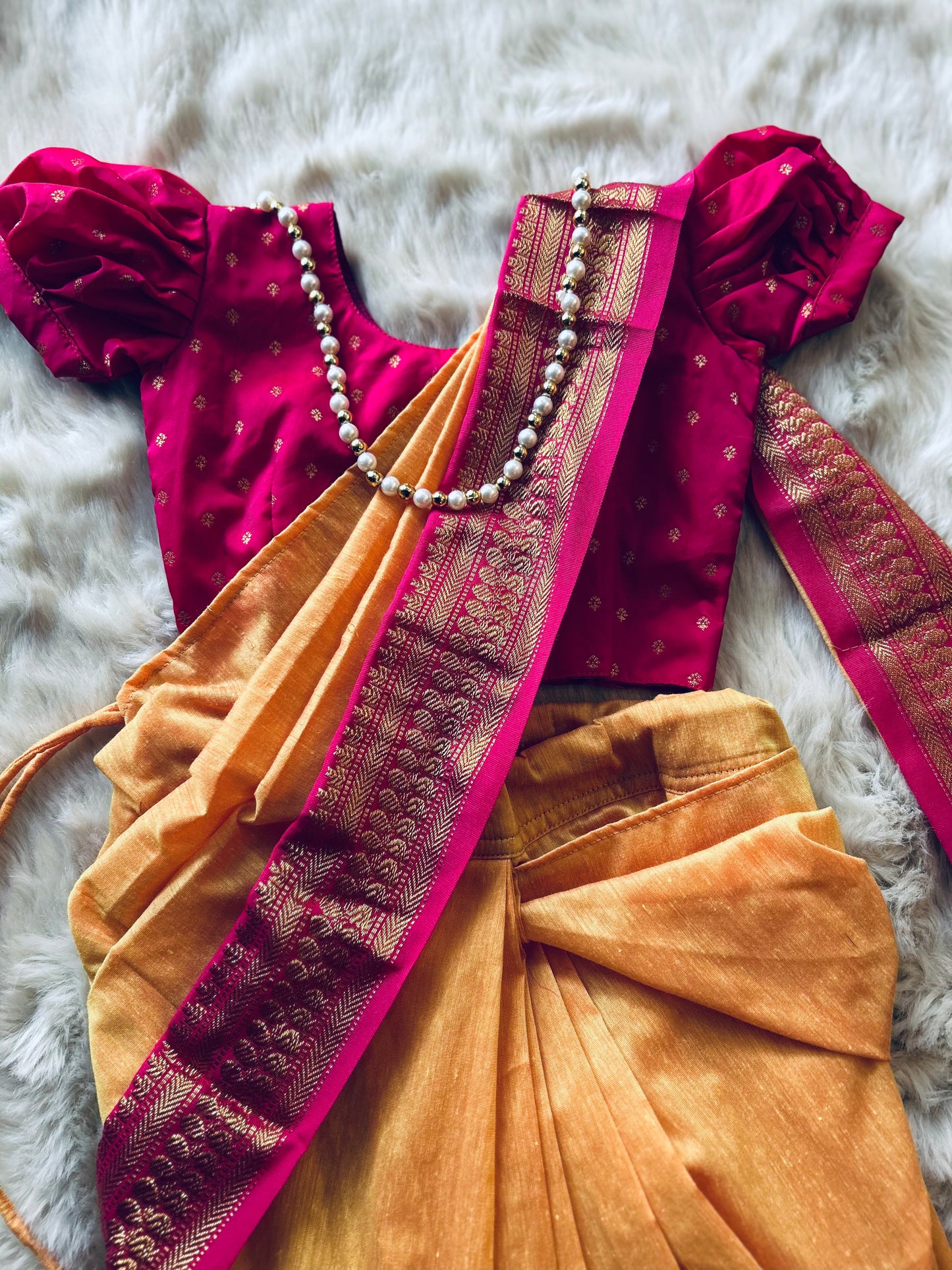Mango yellow and festive pink - Ready to wear saree for kids Ethnic wear for baby girl