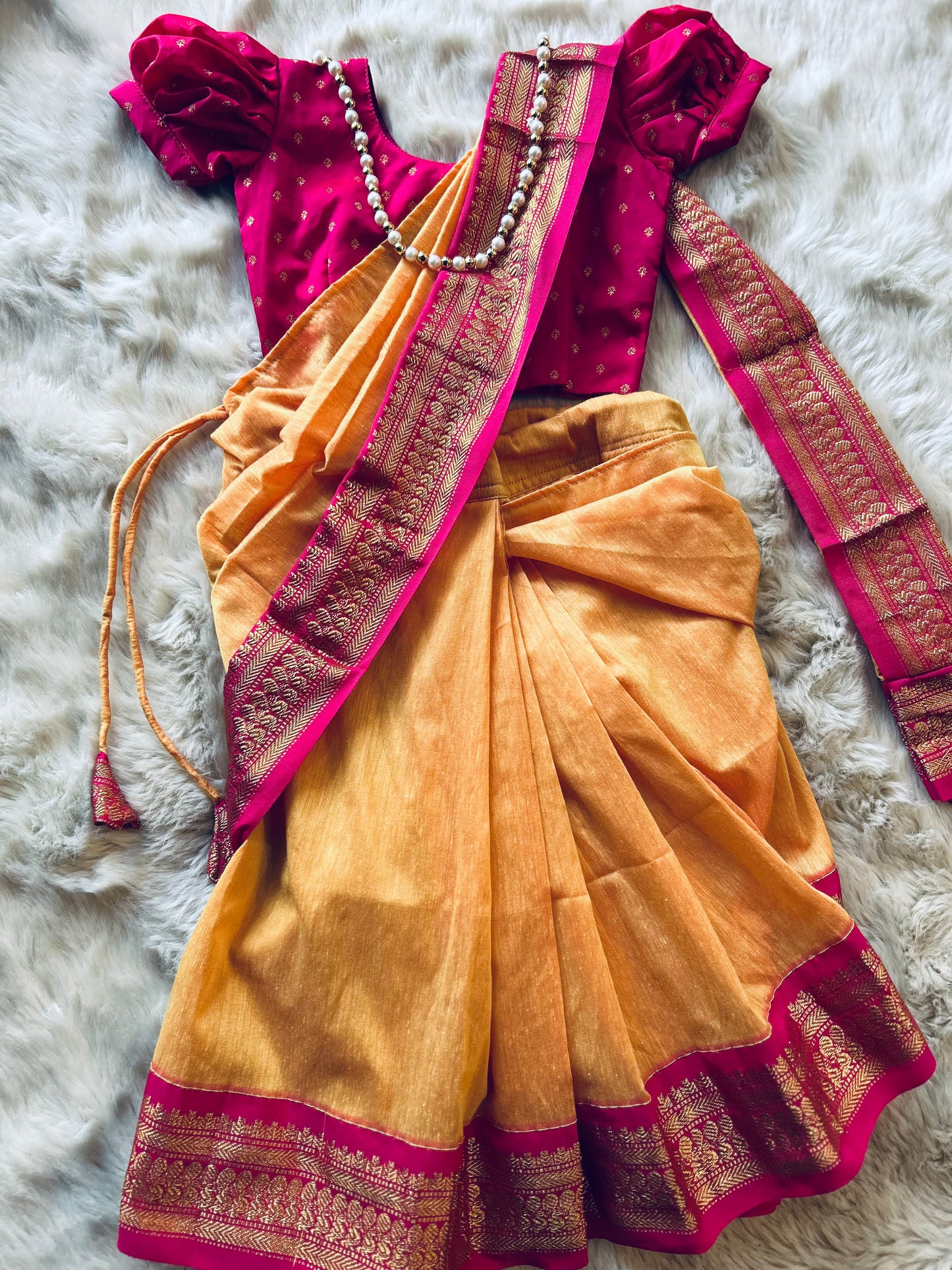 Mango yellow and festive pink - Ready to wear saree for kids Ethnic wear for baby girl