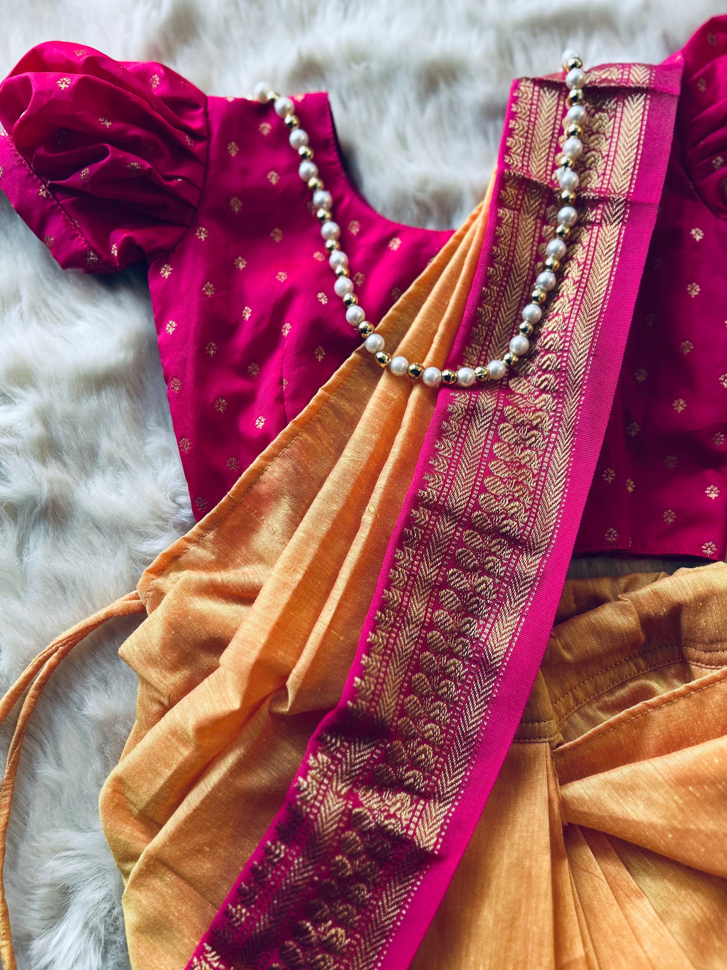 Mango yellow and festive pink - Ready to wear saree for kids Ethnic wear for baby girl