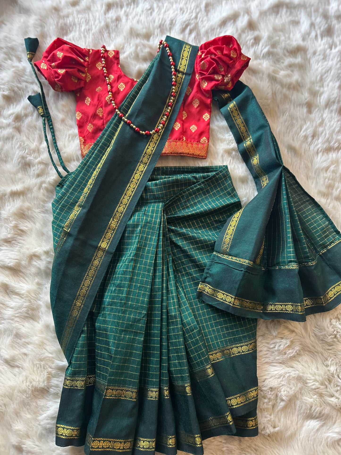 Bottle green and red - Ready to wear muttukattam saree for kids Ethnic wear for baby girl