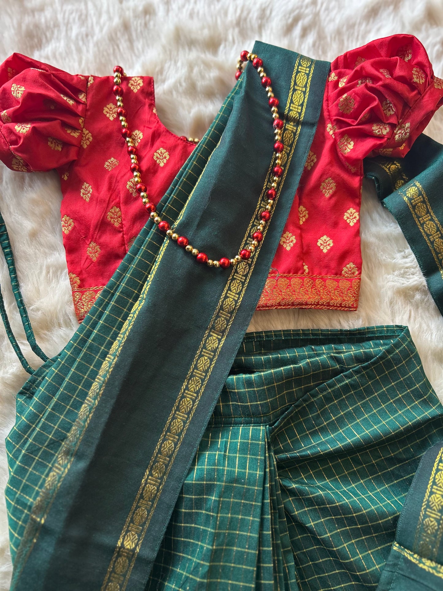 Bottle green and red - Ready to wear muttukattam saree for kids Ethnic wear for baby girl