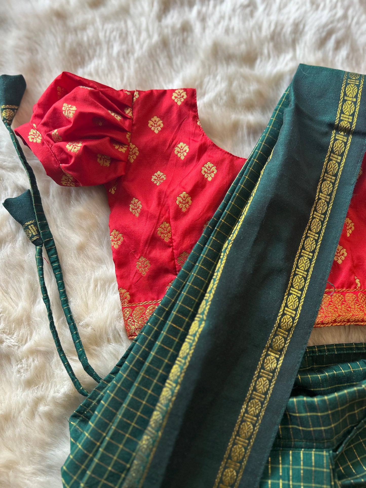 Bottle green and red - Ready to wear muttukattam saree for kids Ethnic wear for baby girl