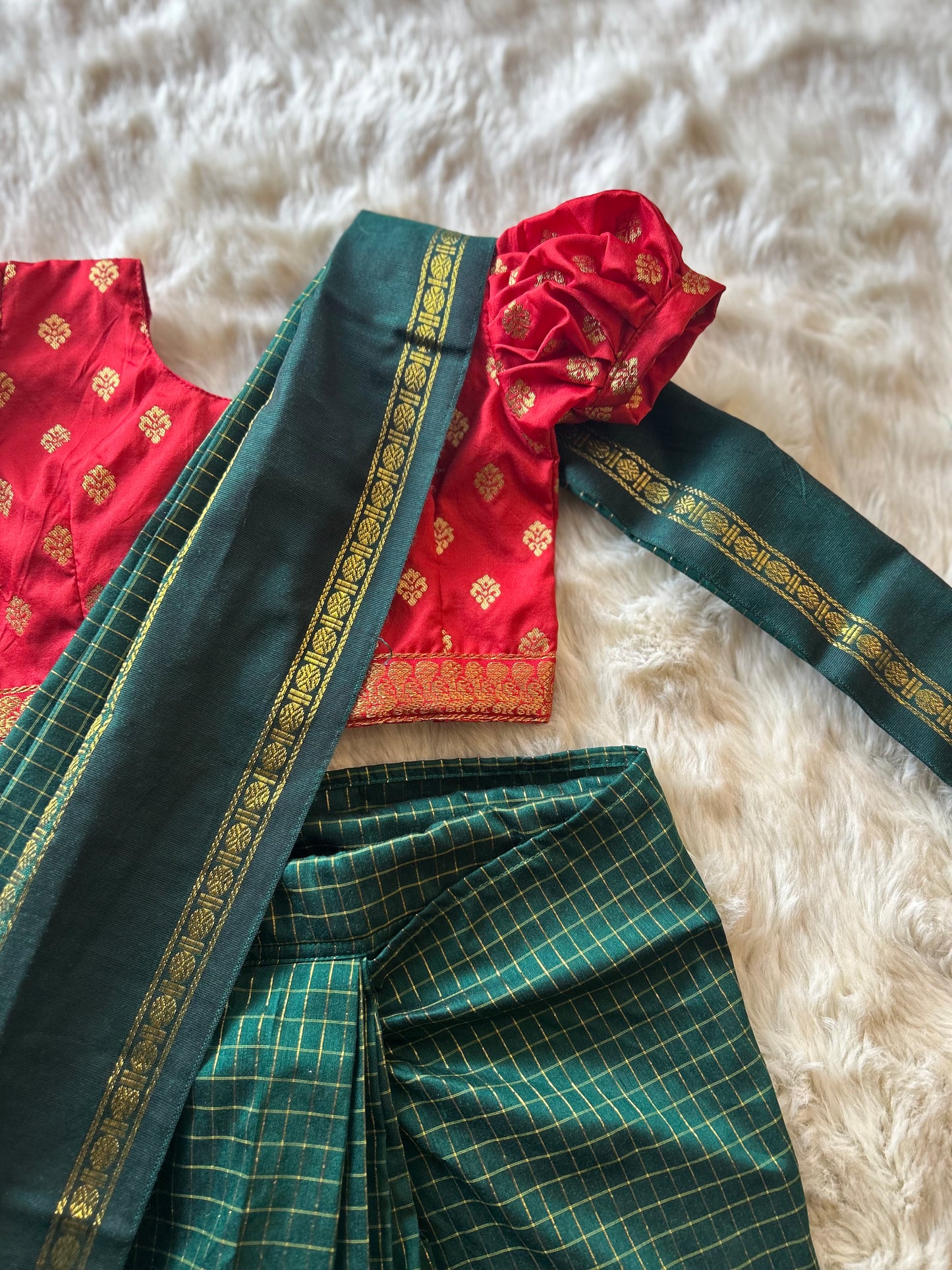 Bottle green and red - Ready to wear muttukattam saree for kids Ethnic wear for baby girl