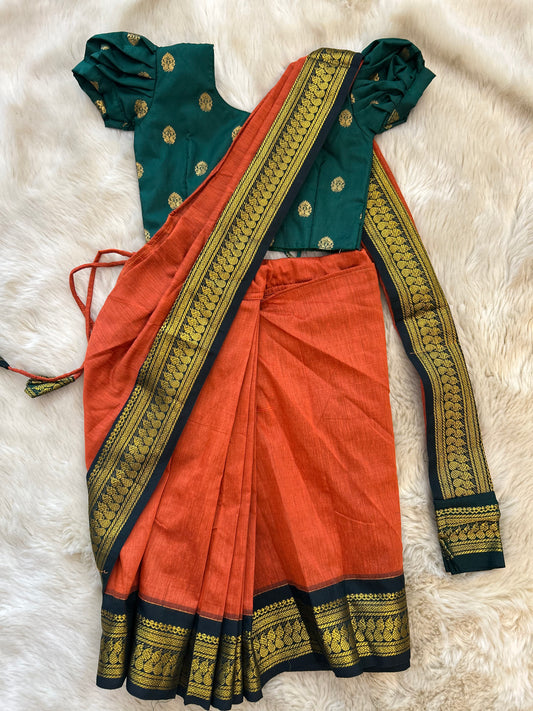 Bottle green with orange - Ready to wear cotton silk saree for kids Ethnic wear for baby