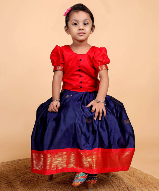 Red and navy blue soft silk langa blouse ethnic wear for baby girl