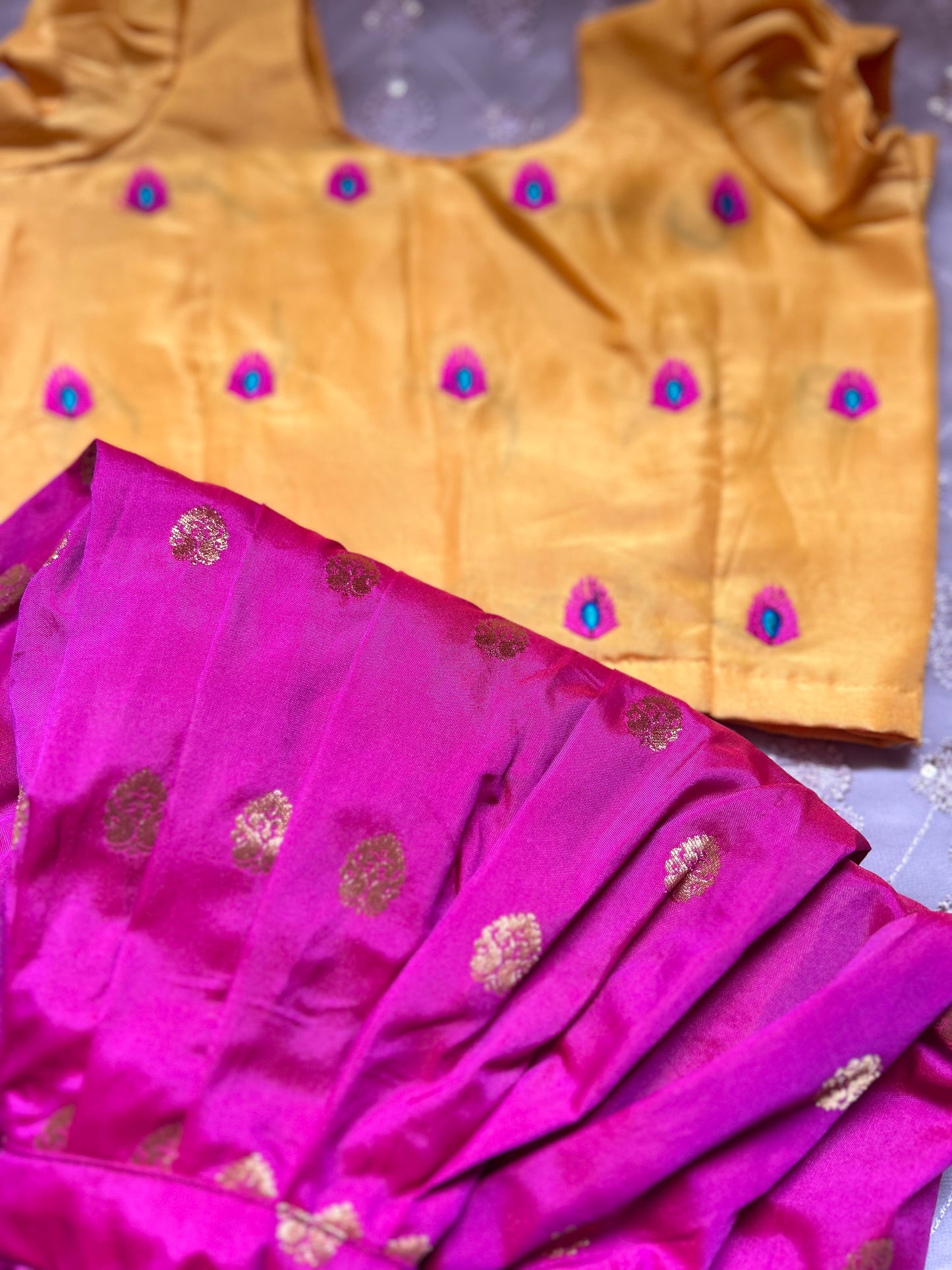 Radha dress peacock pattern and pattu pavadai, lehenga, langa blouse yellow and pink ethnic wear for baby girl