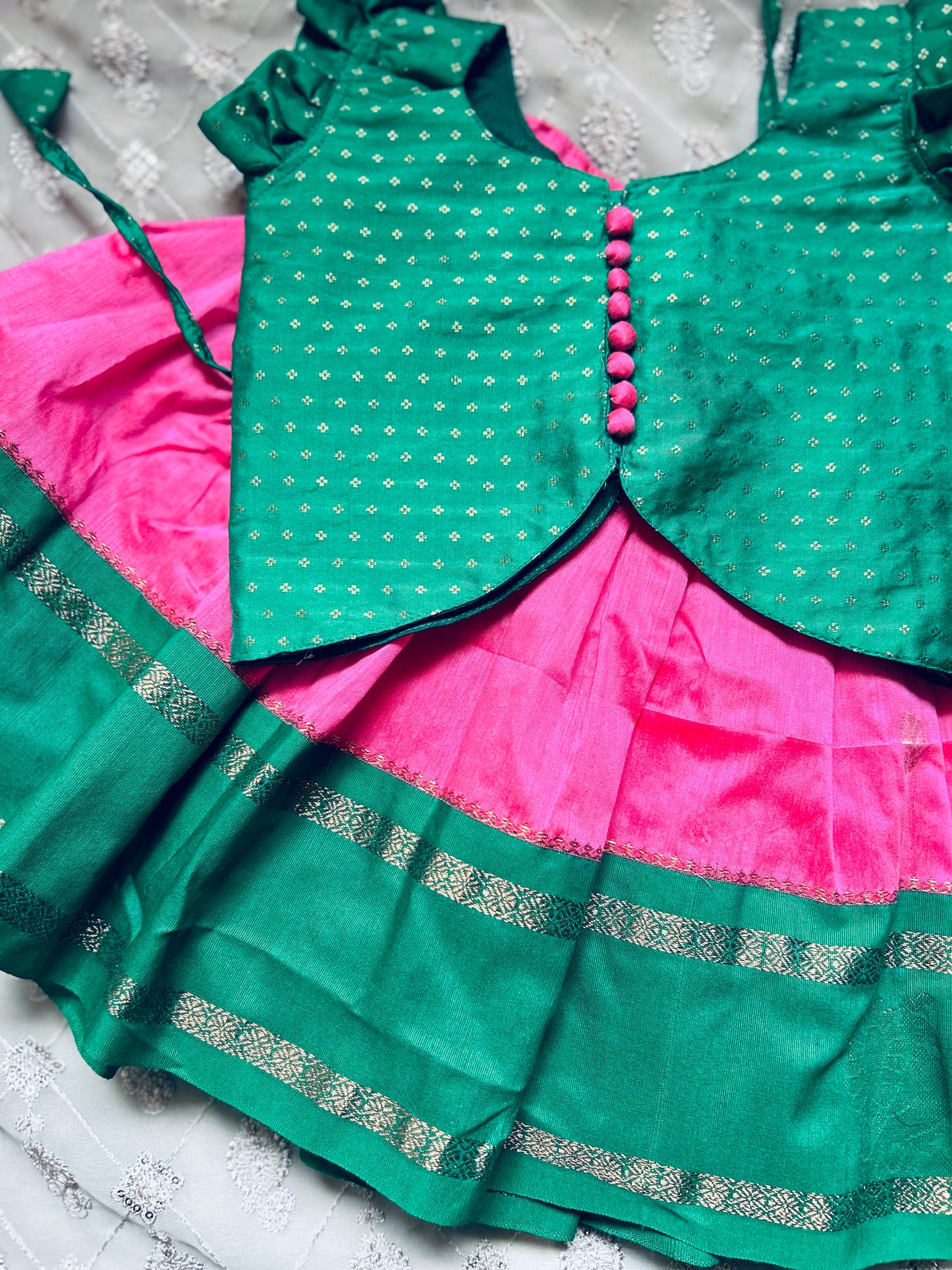 Pink with green beautiful zari border langa blouse, pattu pavadai, lehenga for baby girl