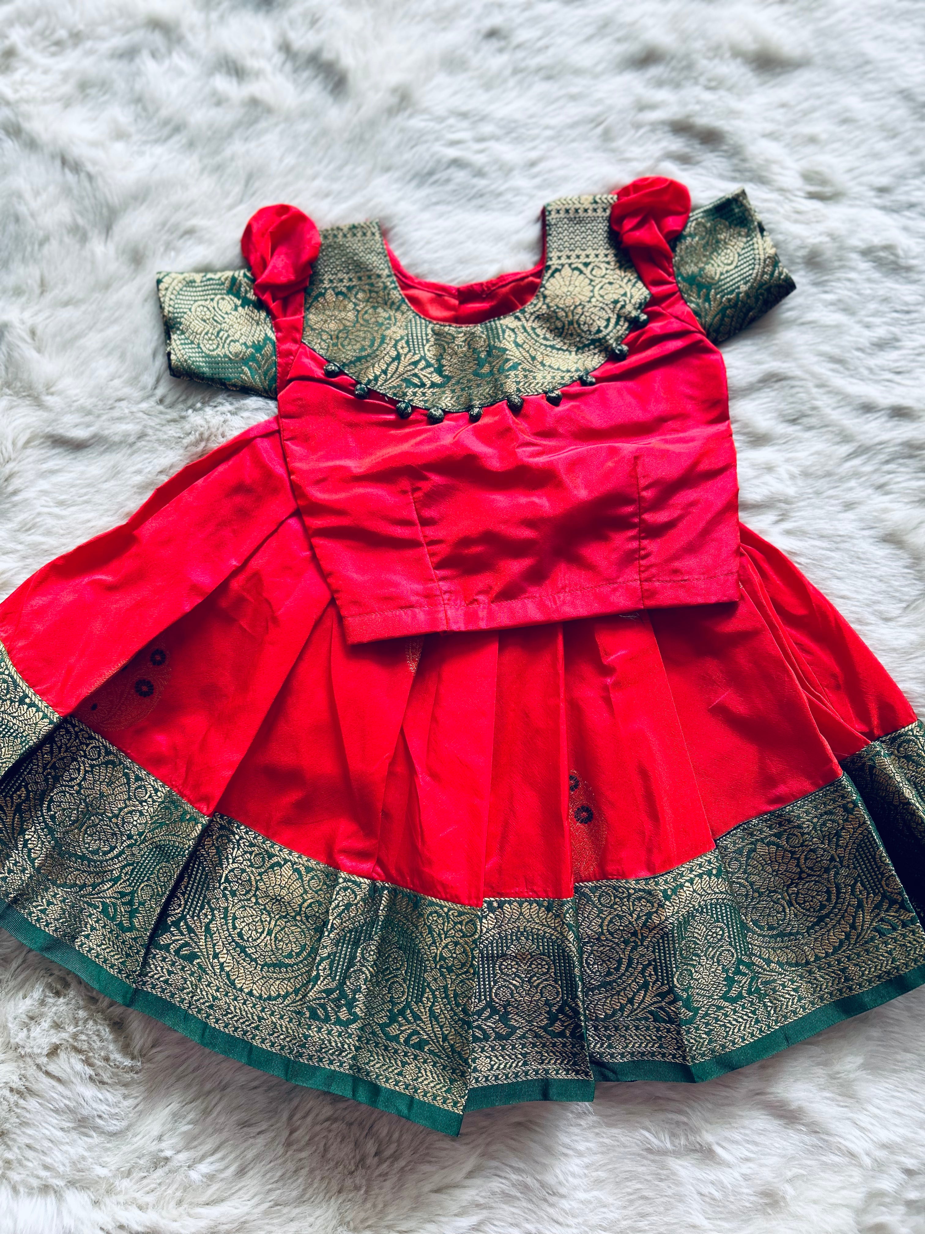 Orange and bottle green traditional langa blouse zari border ethnic wear pattu pavadai silk for baby girl