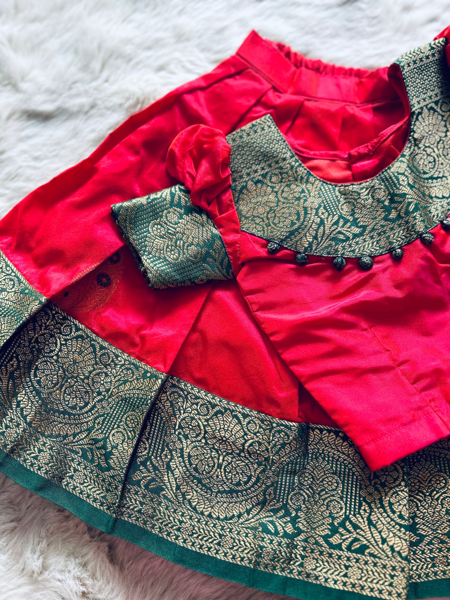 Orange and bottle green traditional langa blouse zari border ethnic wear pattu pavadai silk for baby girl