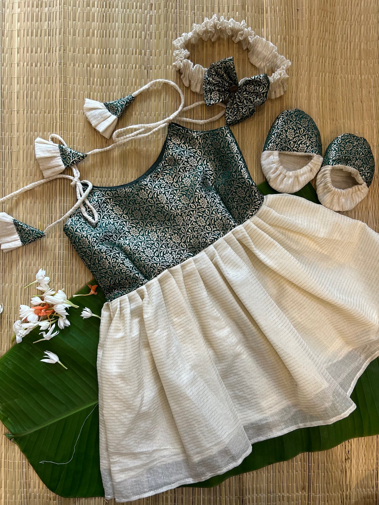 Kerala Special - Bottle green with milk white frock for festivals with head bow, shoes and undie