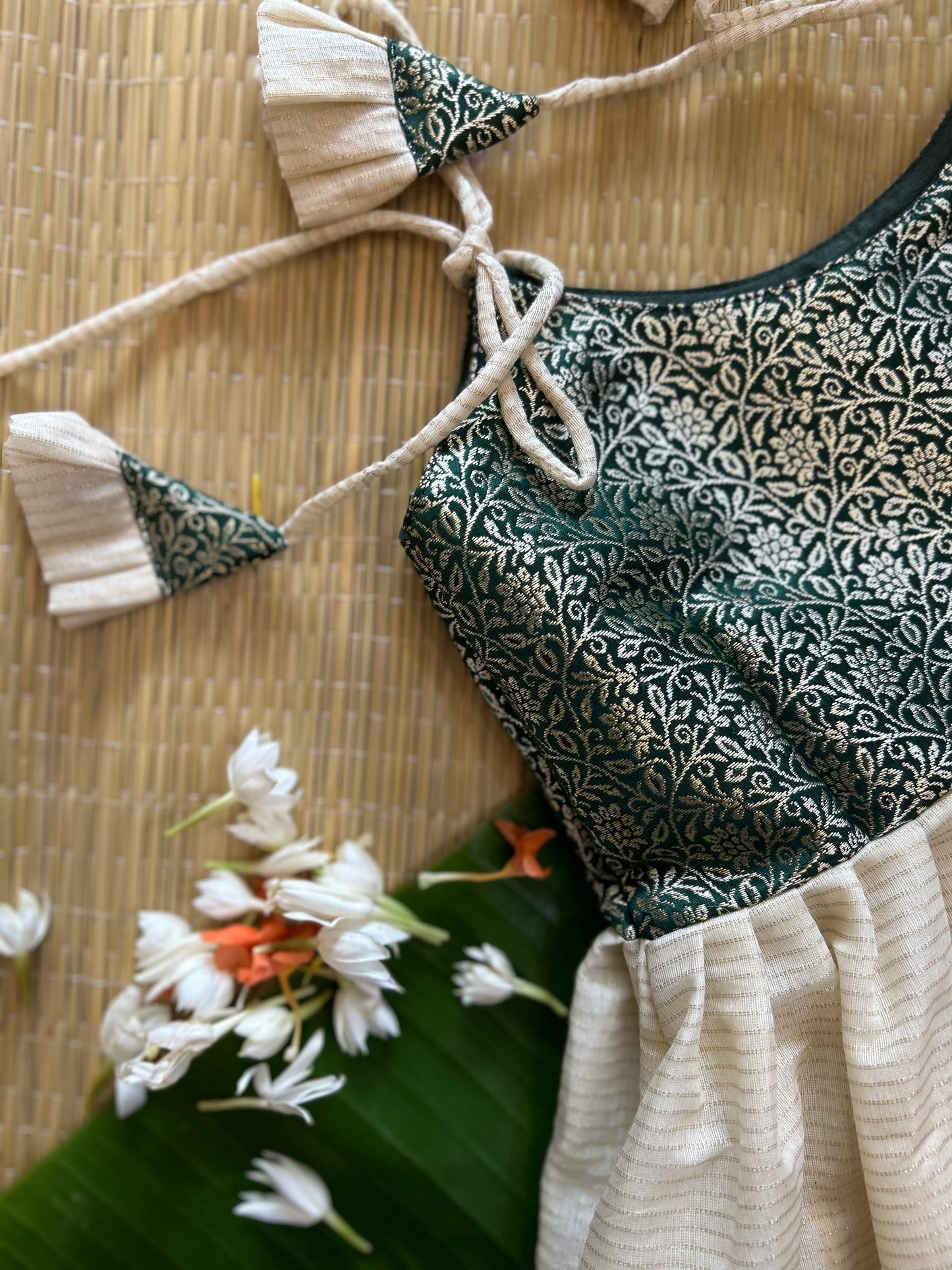 Kerala Special - Bottle green with milk white frock for festivals with head bow, shoes and undie