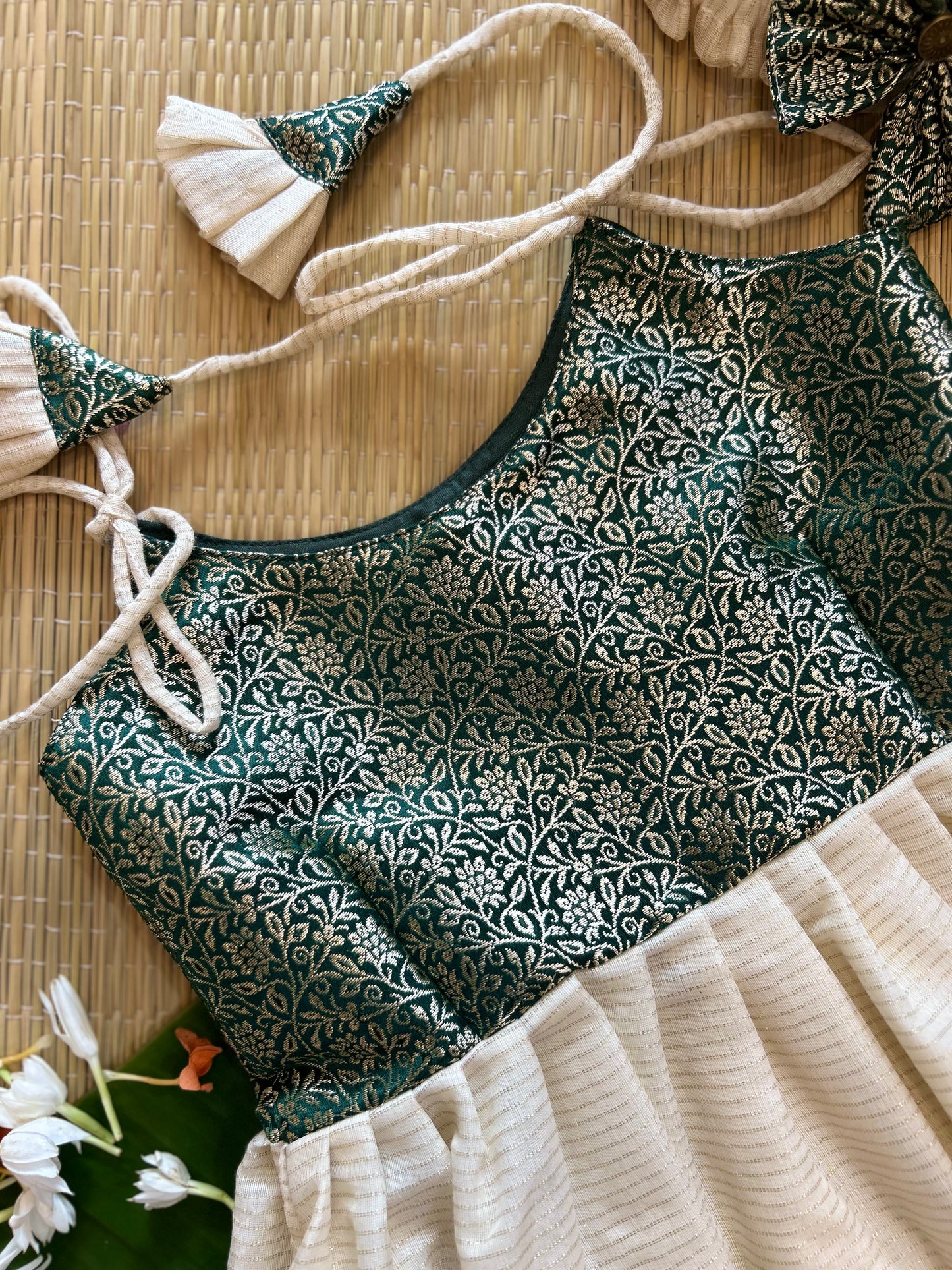 Kerala Special - Bottle green with milk white frock for festivals with head bow, shoes and undie